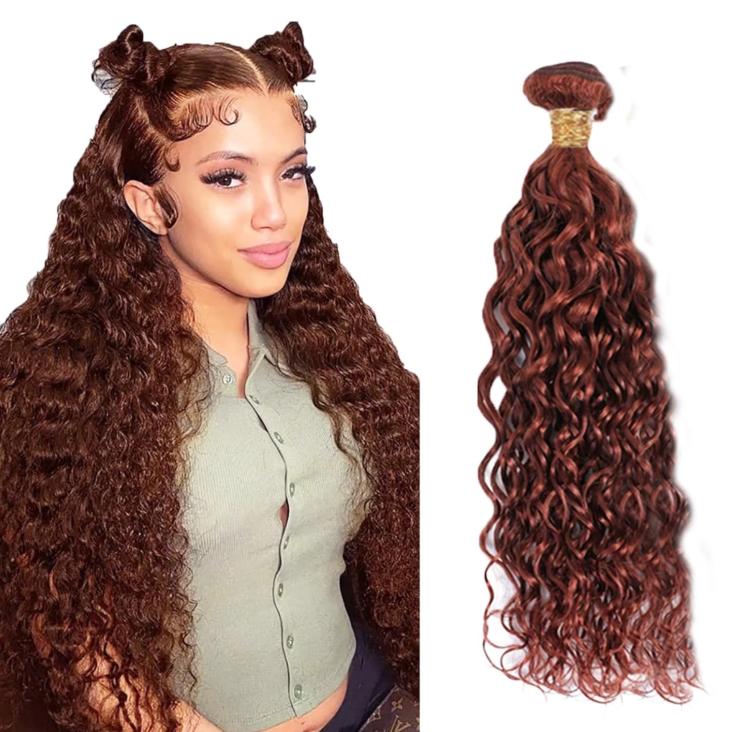 Color 33 Water Wave Bundles Copper Red Human Hair Bundles Huxowax Peruvian Virgin Remy Hair Single Bundle 28 Inch Double Weft Auburn Wet and Wavy Bundle 50g