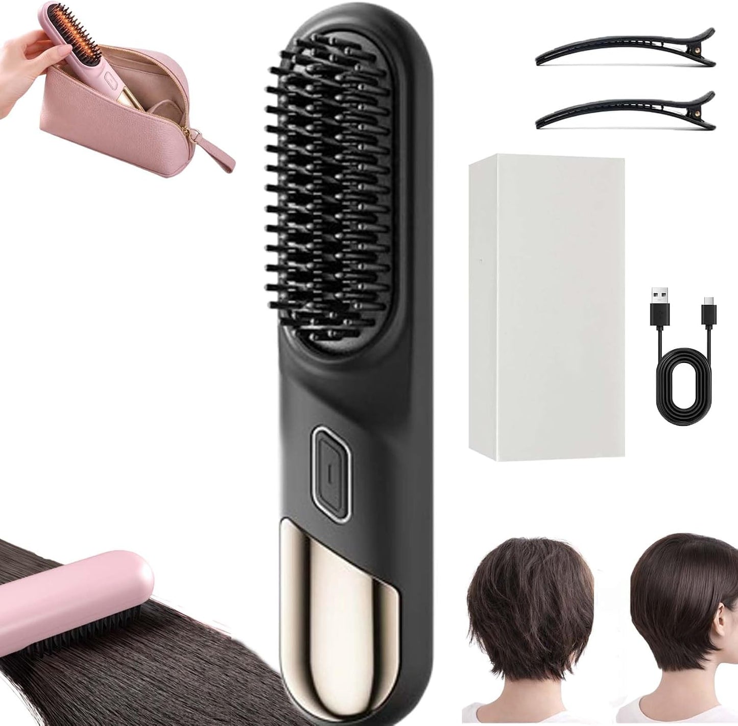 Smart Comb for Short Hair - Cordless Styling Brush with 30s Fast Heat & 4 Temperature Settings | USB Rechargeable (Pink)