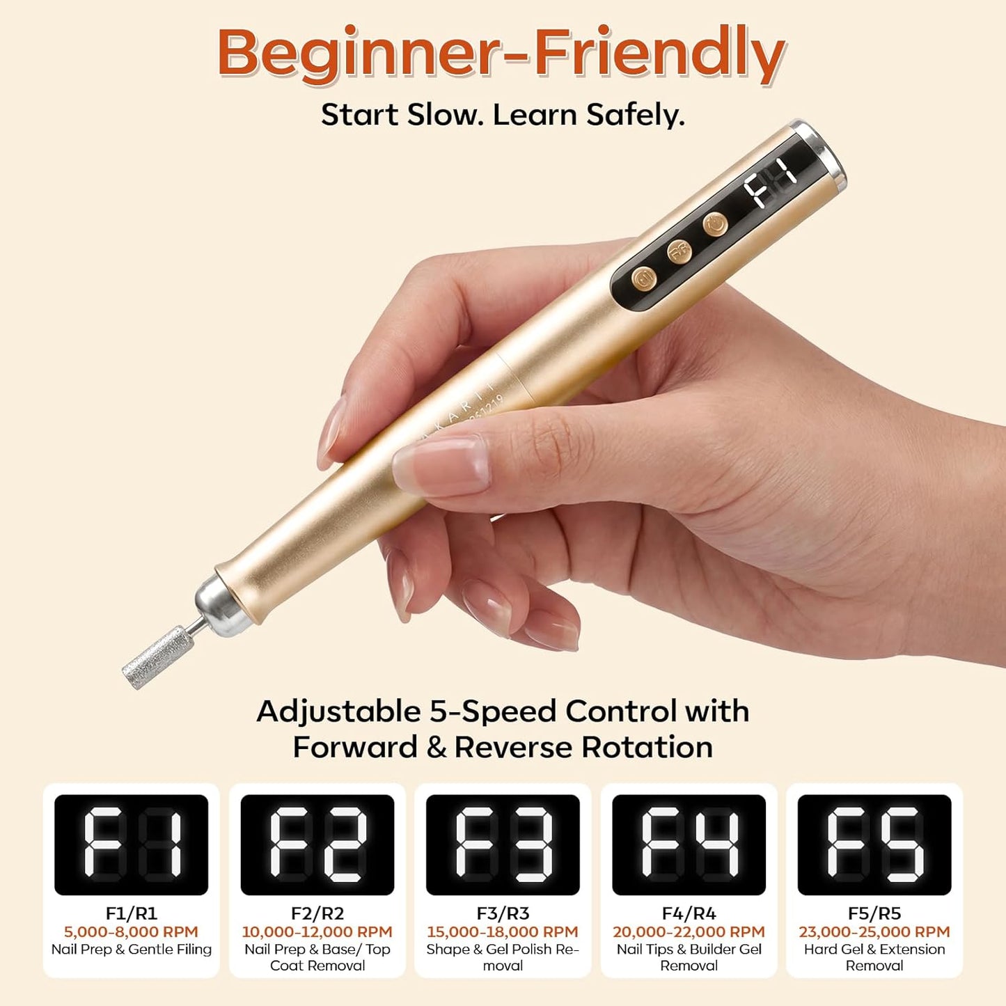 Rechargeable Nail Drill - 25,000 RPM Cordless Electric File with 5-Speed LED Display | Lightweight & Quiet E-File Kit for Gel Polish Removal (Gold)
