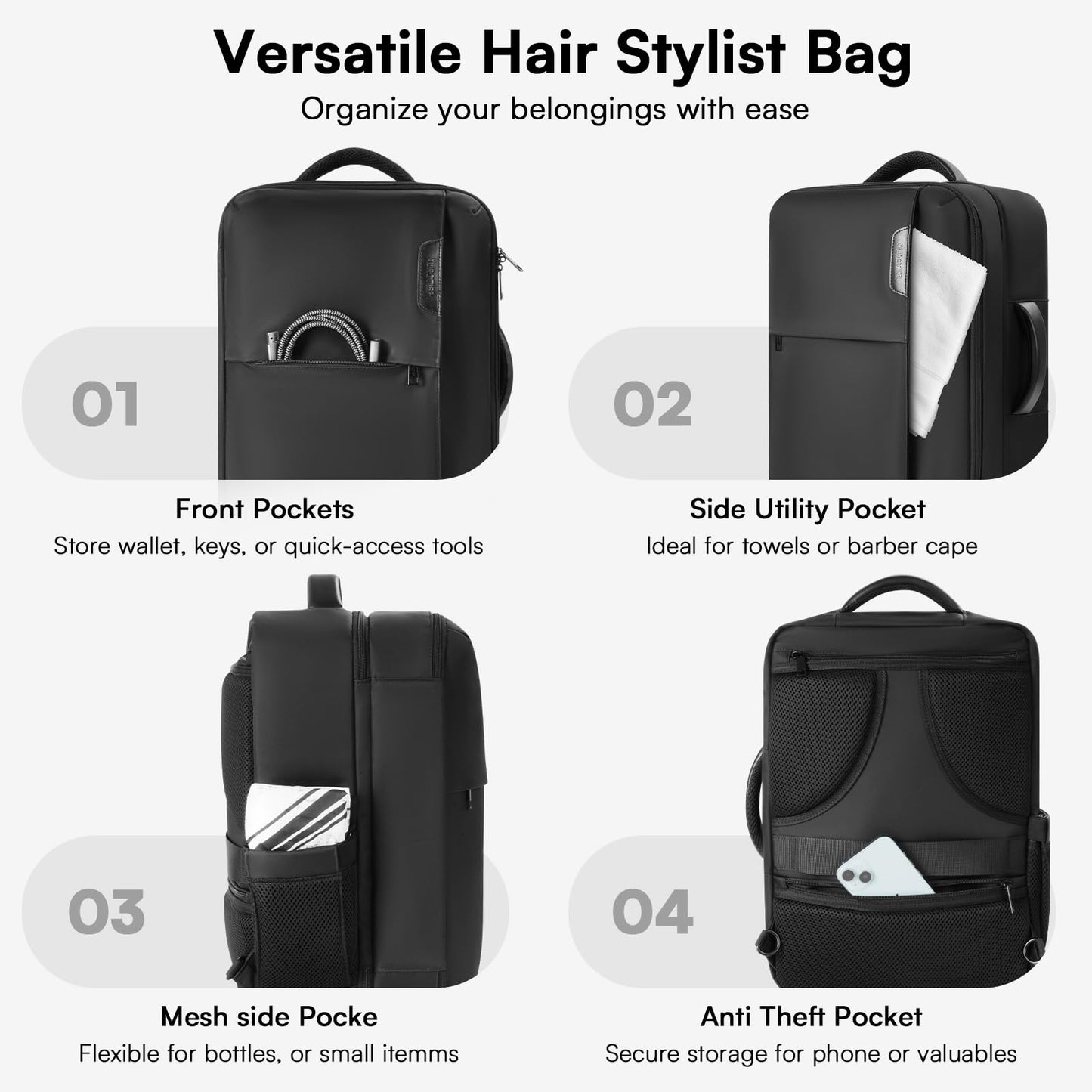 Barber Bag with 2 Pouches, Professional Hairstylist Travel Backpack with Adjustable Dividers, Hairdresser Hair Tools Bag with Insulated Pocket, Cosmetology Bags for Supplies, Water-resistant, Black
