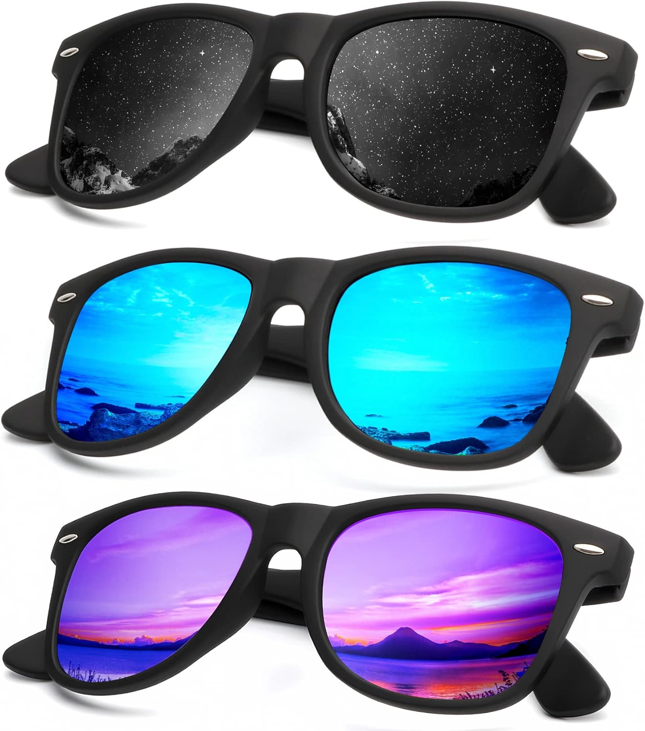 KALIYADI Polarized Sunglasses - Matte Finish, UV Blocking, Color Mirror Lenses | 3-Pack for Men & Women