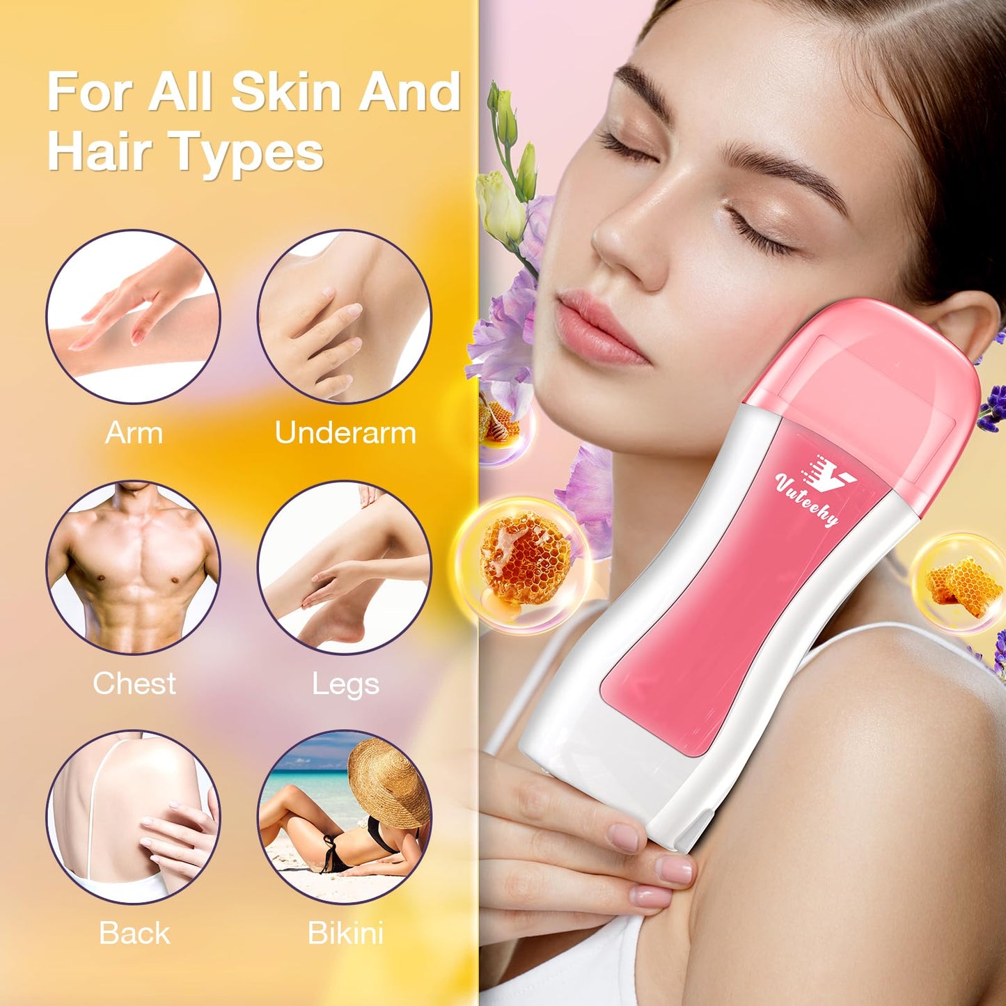 Vuteehy Roll on Waxing Kit, Roll On Wax kit for Hair Removal At Home, Waxing Kit for Women Men, Soft Wax Heater for Larger Areas of the Body, with 2 Honey Cartridges and 50 Wax Strips