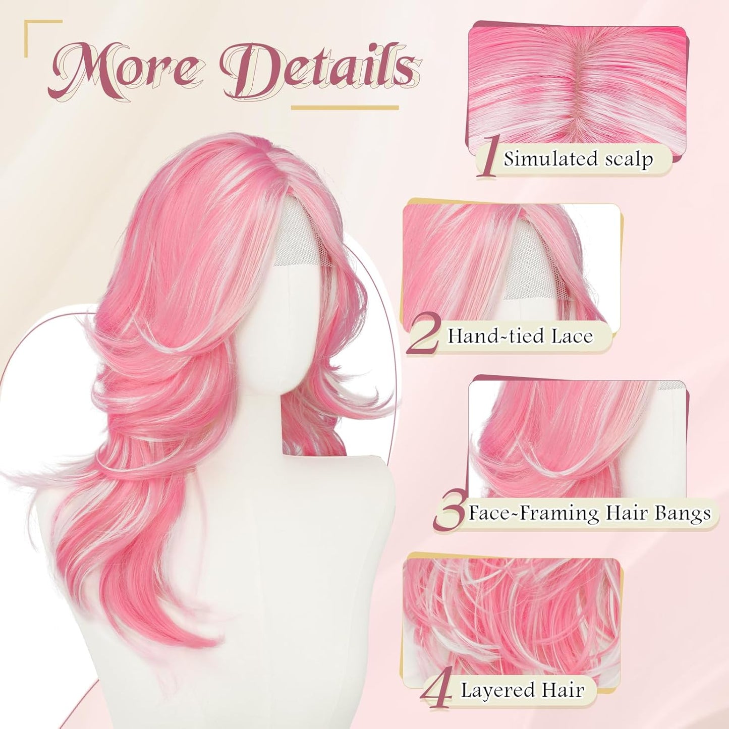 Pink Layered Wigs with Curtain Bangs - 20 Inch Long Wavy Synthetic Hair Wig for Women | Natural Looking Middle Part