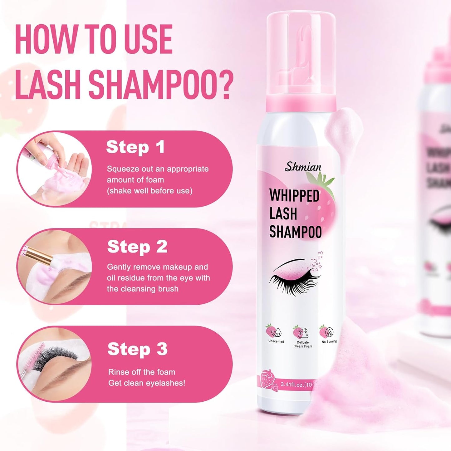 Whipped Lash Extension Cream Shampoo - 3X Concentrated Eyelash Cleaner Foam | 3.41 fl. oz | Strawberry Scent