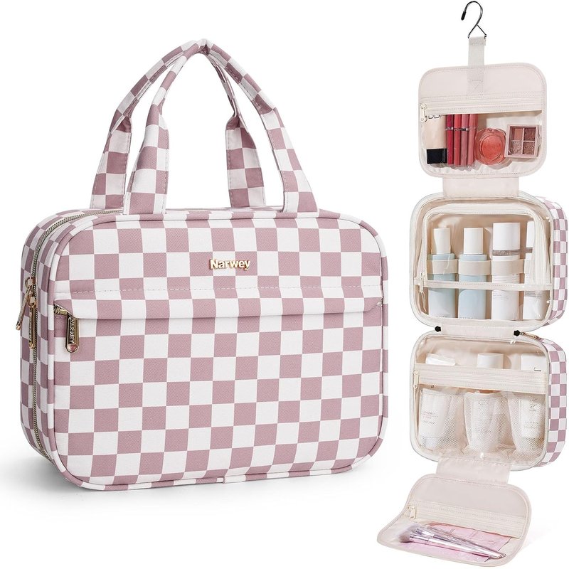 Hanging Toiletry Bag for Women - Checkered Travel Makeup Organizer | Medium Dusty Pink Checkerboard