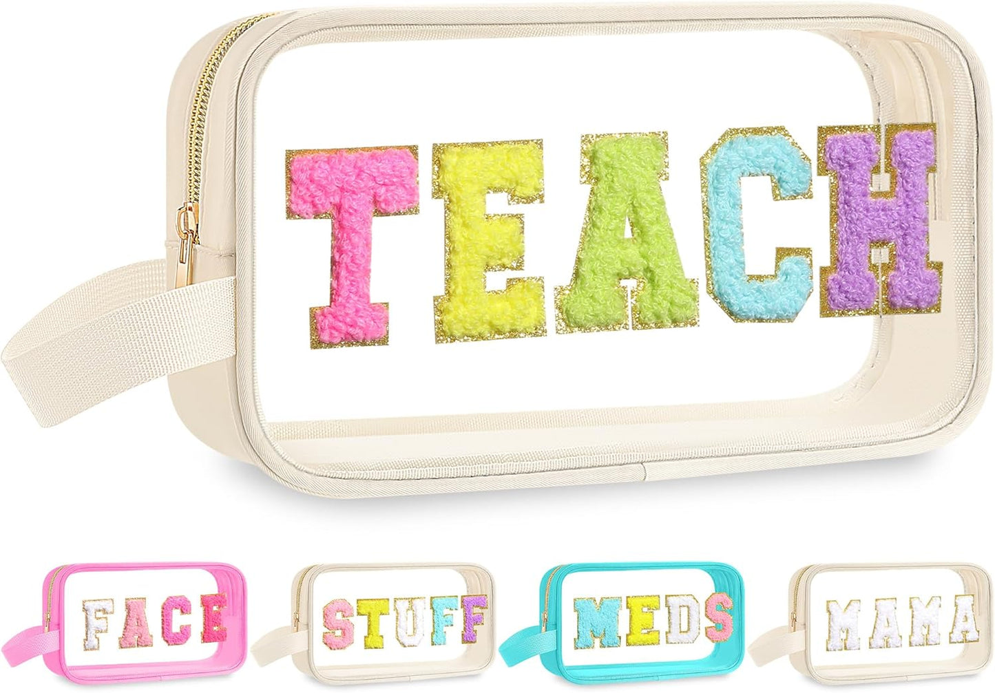 Teacher Survival Kit Bag - Waterproof Clear Makeup Pouch with Chenille Letters | Perfect Gift for Women