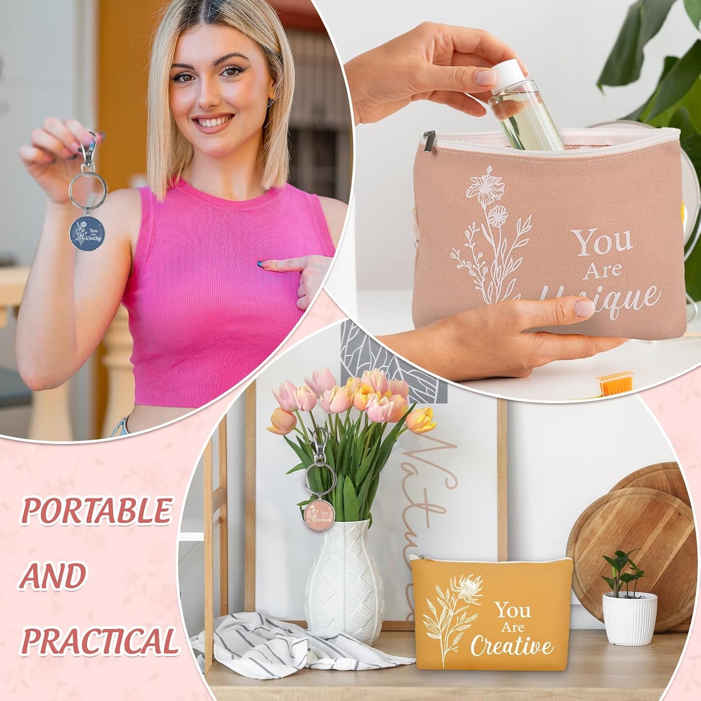 Inspirational Canvas Makeup Bag Set - 20Pcs Employee Appreciation Gifts for Women | Boho Botanical Design, Travel Pouch with Keychains