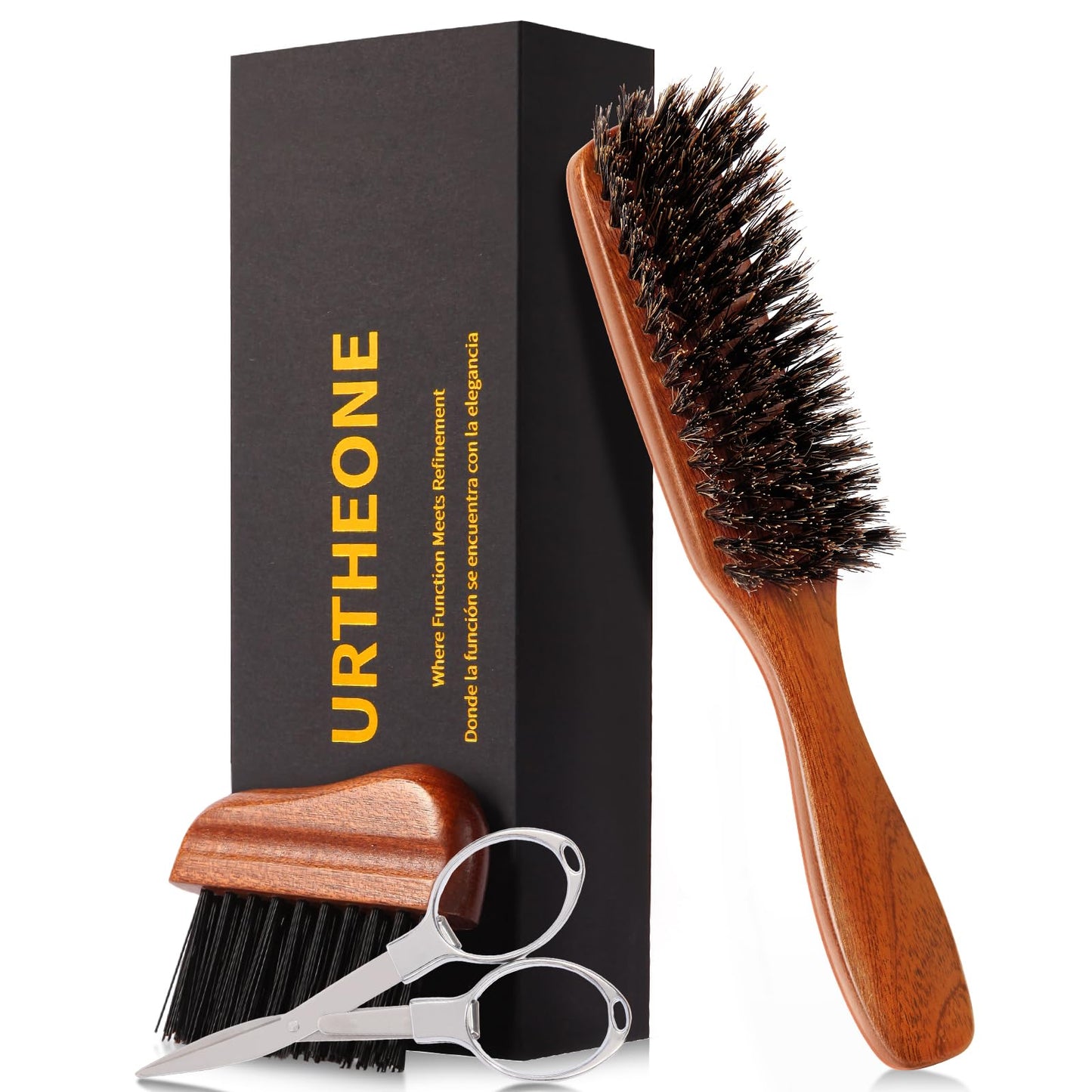 URTHEONE Premium Beard Brush Grooming Kit for Men - 100% Natural Boar Bristle Brush with Ergonomic Handle, Cleaning Brush & Folding Scissors - Complete Beard Care Set for Styling and Maintenance