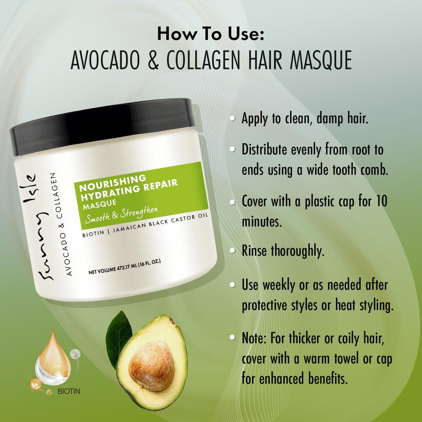 Sunny Isle Avocado & Collagen Hair Masque - Nourishing, Hydrating, Jamaican Black Castor Oil - 16oz