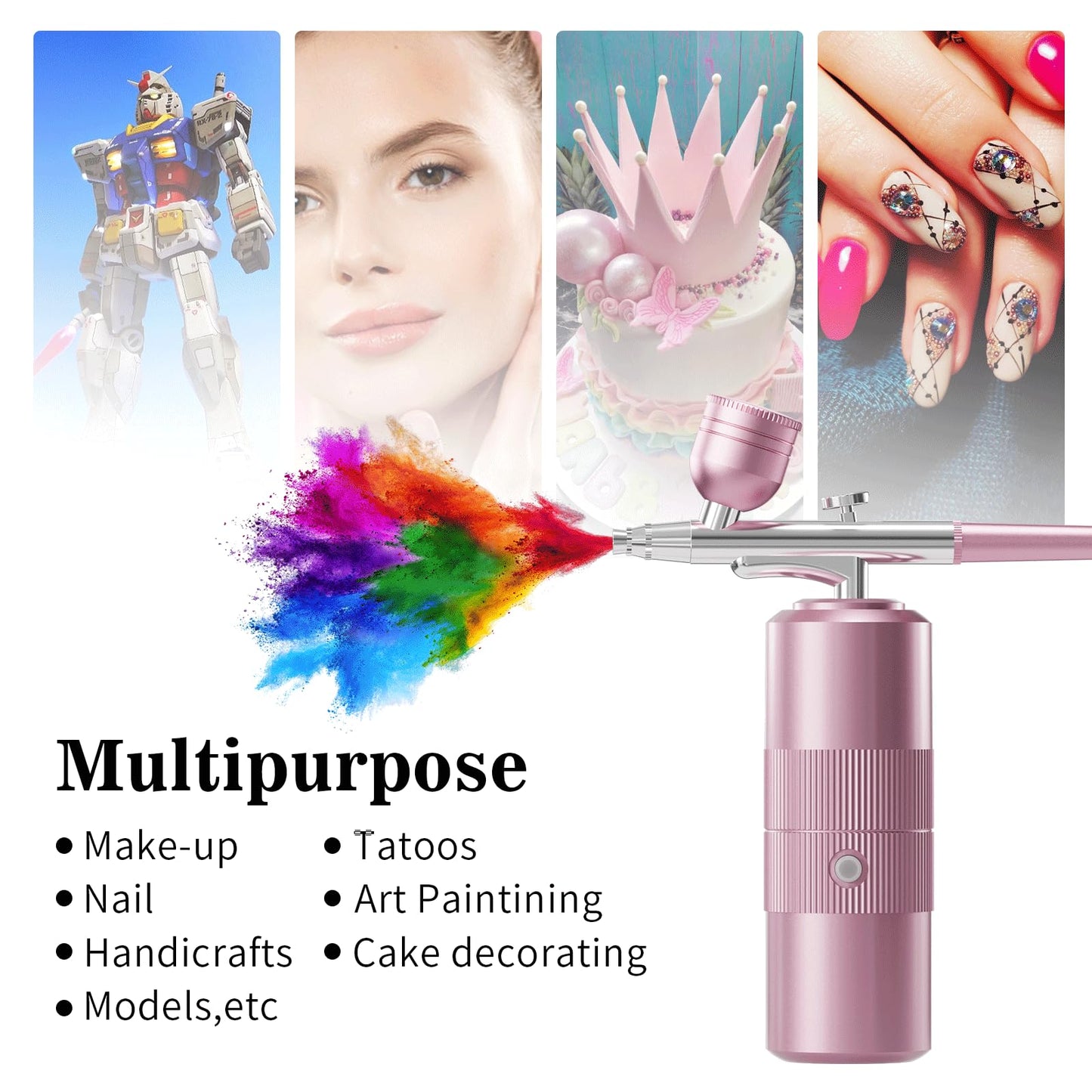 Airbrush Kit with Compressor Portable Airbrush Kit 48PSI High-Pressure Non-Clogging Air Brush Set Cordless Rechargeable with 0.3mm Nozzle and Cleaning Brush for Painting,Nail Art, Makeup (pink)