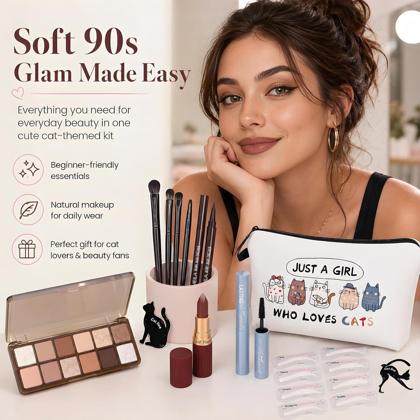 Eye Makeup Kit for Women - 90s Neutral Eyeshadow, Brow Powder, Cat Eyeliner Guides | Complete Makeup Gift Set for Girls & Teens