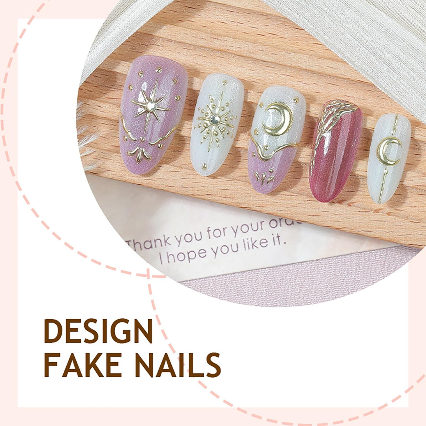 Almond Press-On Nails - Medium Length Pink French Tip with Gold Stars & Moon | 30 Pcs Full Cover Acrylic Nail Set for Women