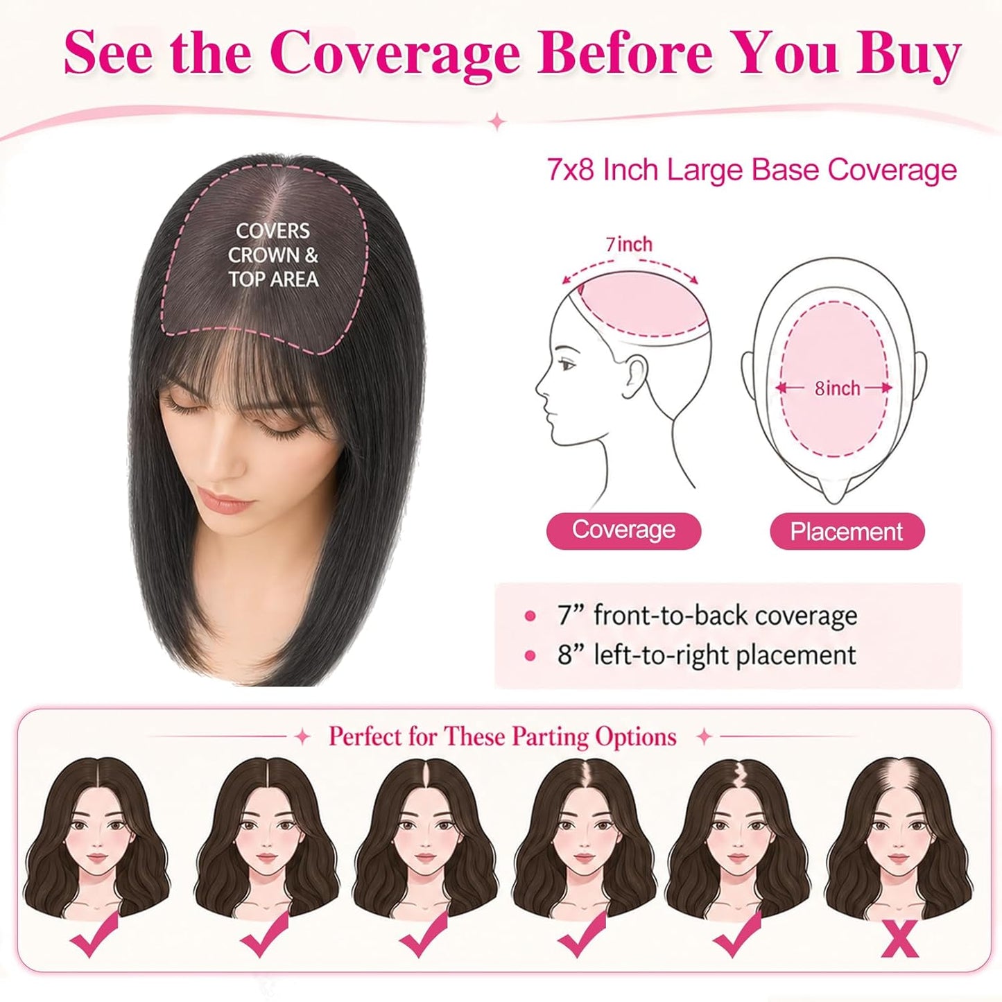 Hair Toppers for Women - 26-Inch 3D 360° Coverage Black Brown Long Straight Clip-In Synthetic Hair with Bangs
