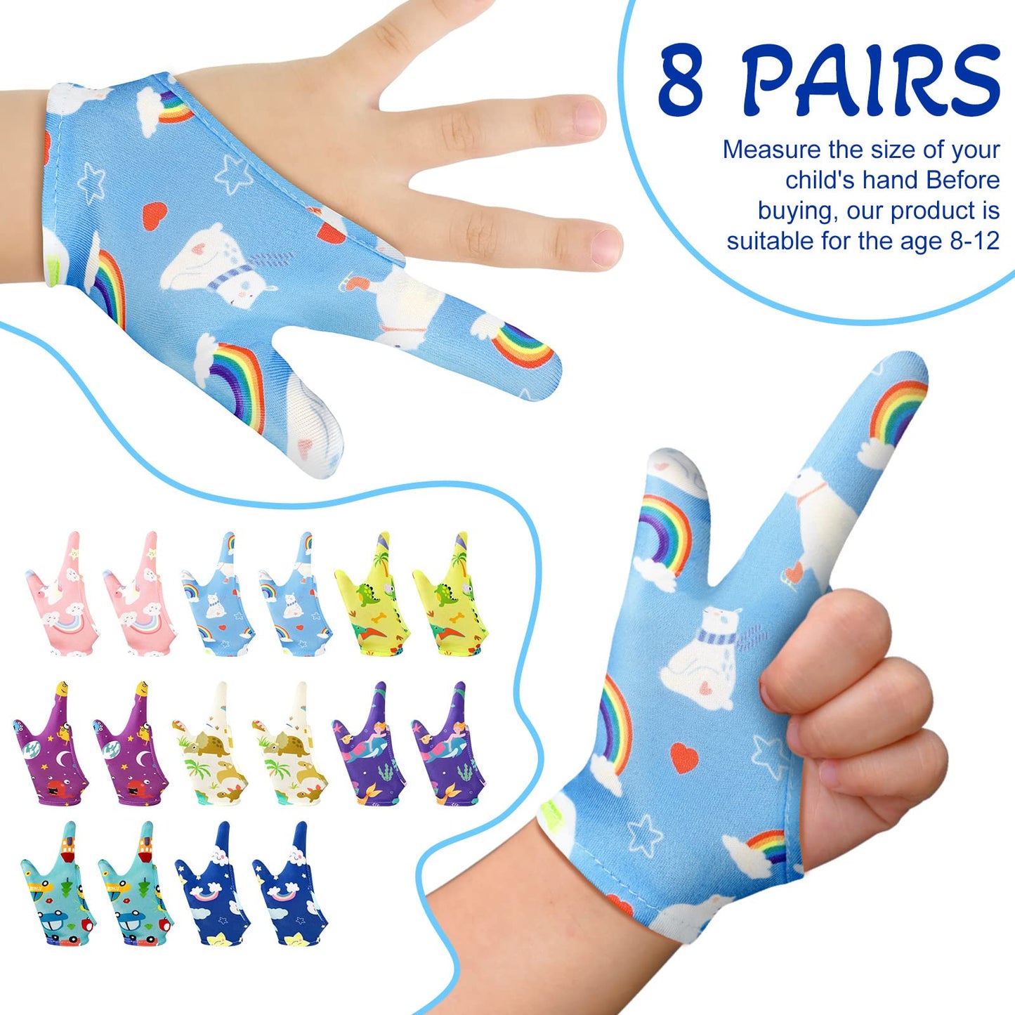 Janmercy 16 Pcs Thumb Sucking Stop for Kids Chewy Gloves Stop Breathable Thumb Guard for Nail Biting Gloves Cute Finger Sucking Stopper for Kids, 8 Style, 2 Finger(8-12 Years)
