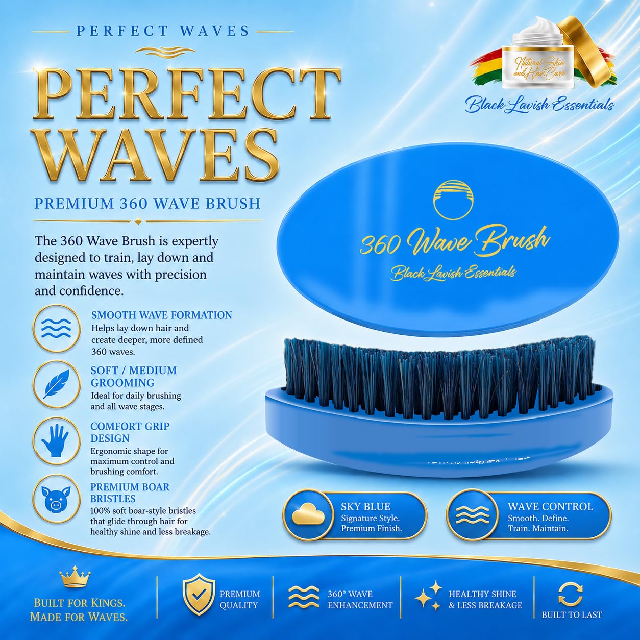 360 Wave Brush - Soft Boar Bristle for Deeper Waves | Curved Design, Medium-Hard, Sky Blue