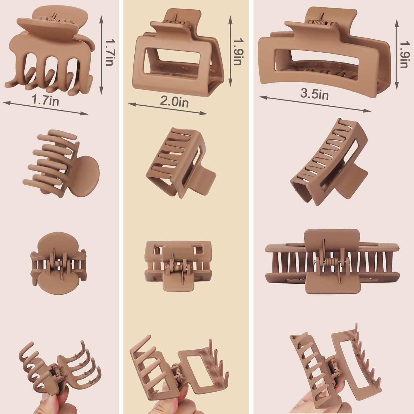 12 Pcs Hair Clips for Women - Strong Hold Non-Slip Claw Clips in 3 Styles | Ideal for Thin, Thick, Curly Hair (Brown)