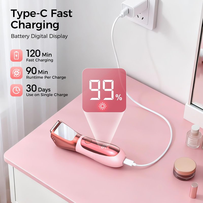 NIPOO Bikini Trimmer for Women, 2 in 1 Electric Razors Shaver, IPX7 Waterproof Body Hair Trimmer with Mirror, LED Light & Display, Painless Pubic Hair Removal, Pink