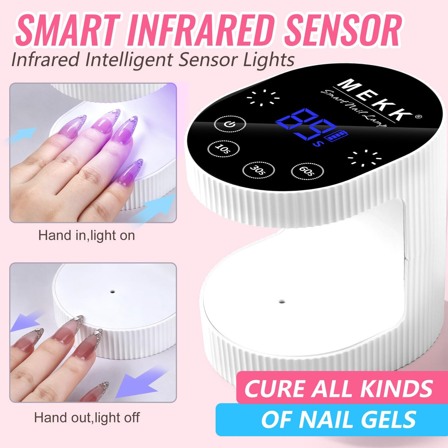 MEKK Cordless Mini UV Light for Gel Nails - 24W Rechargeable Mini UV LED Nail Lamp with Touch Control & Auto Sensor,Small Flash Cure Lamp,4 Timers,Portable Nail Light for Tavel & Home Use(White)