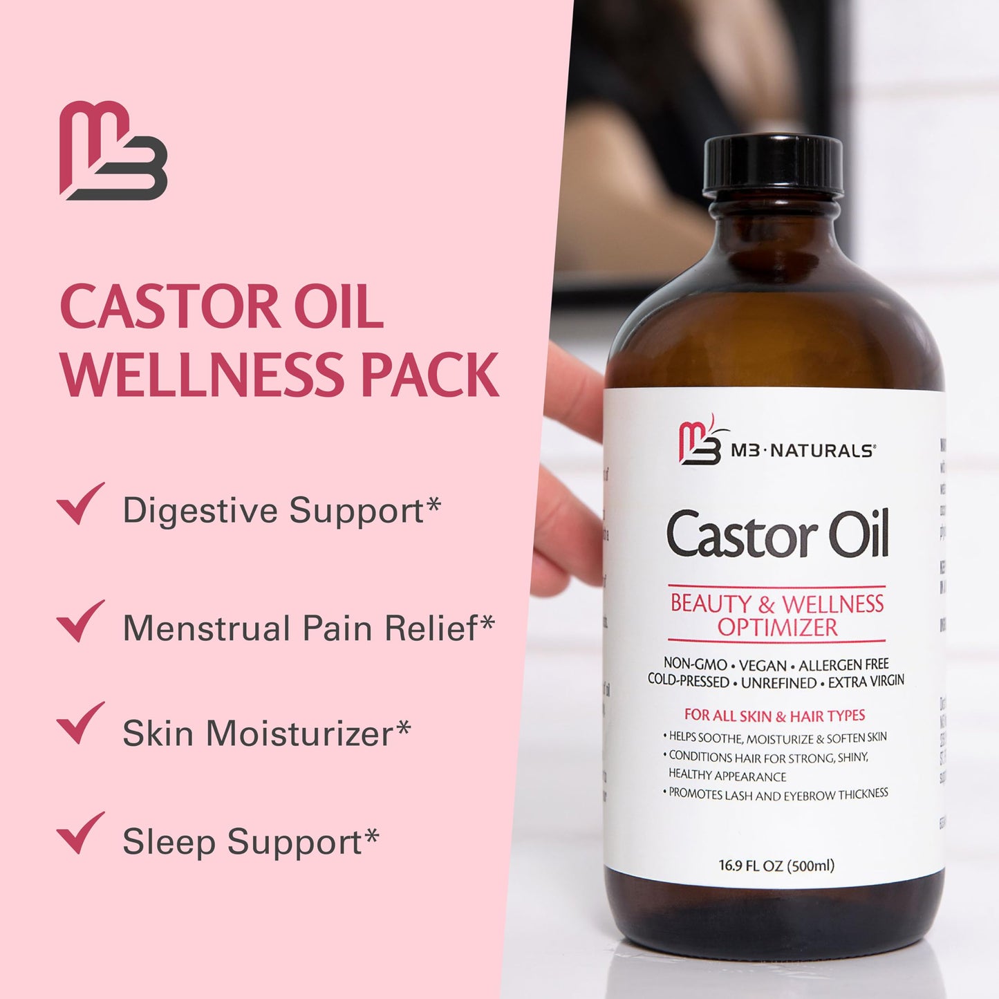 Pure Castor Oil Pack Kit, Large Hexane-Free Cold-Pressed in Glass Bottle with Adjustable Reusable Organic Cotton Wrap for Detox and Wellness (1 of Each) by M3 Naturals