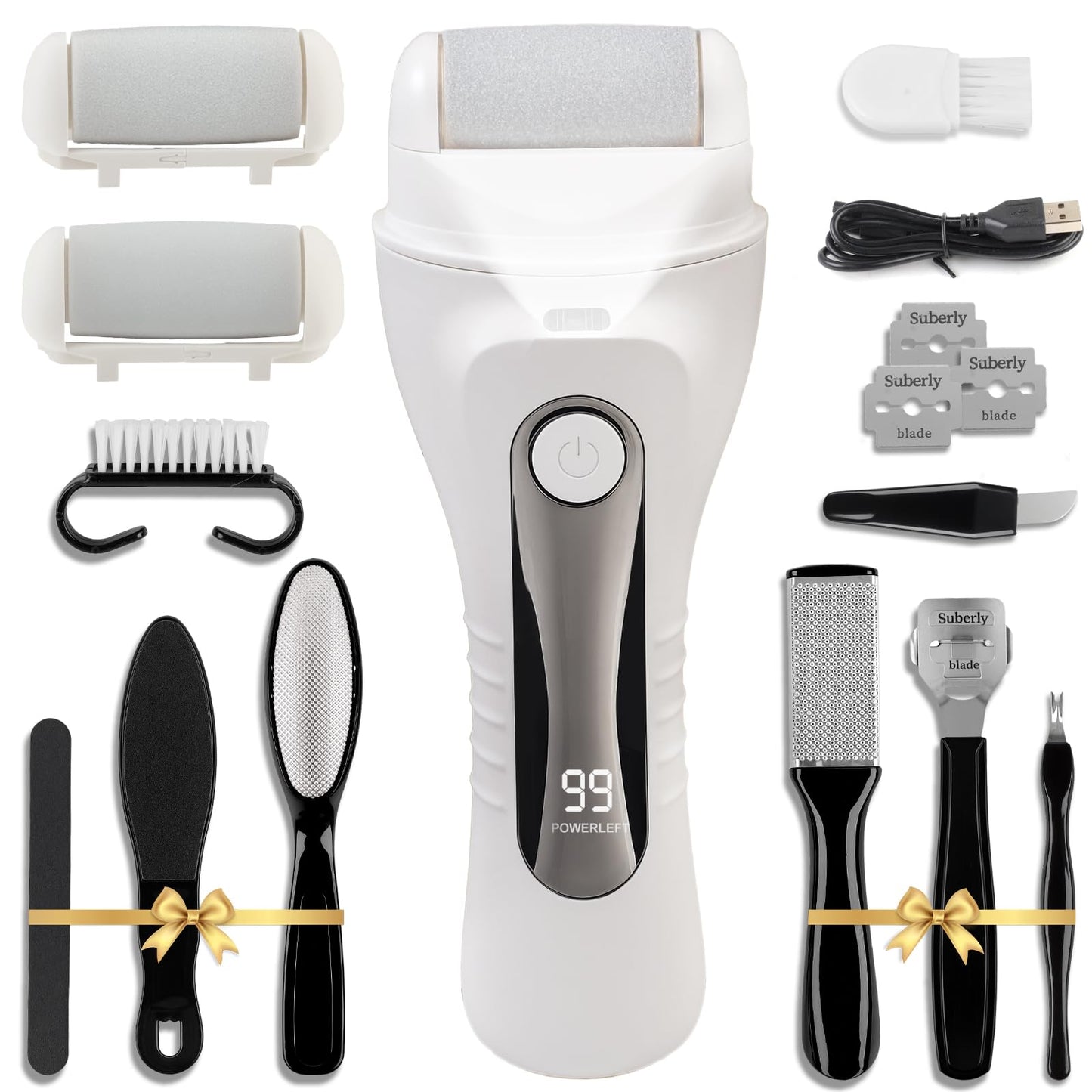Meyluth Electric Foot Scrubber File Callus Remover, 17-in-1 Professional Pedicure Kit, Waterproof Cracked Dry Dead Skin Removal for Feet Care, Wider 3 Rollers, 3 Speed, Battery Display