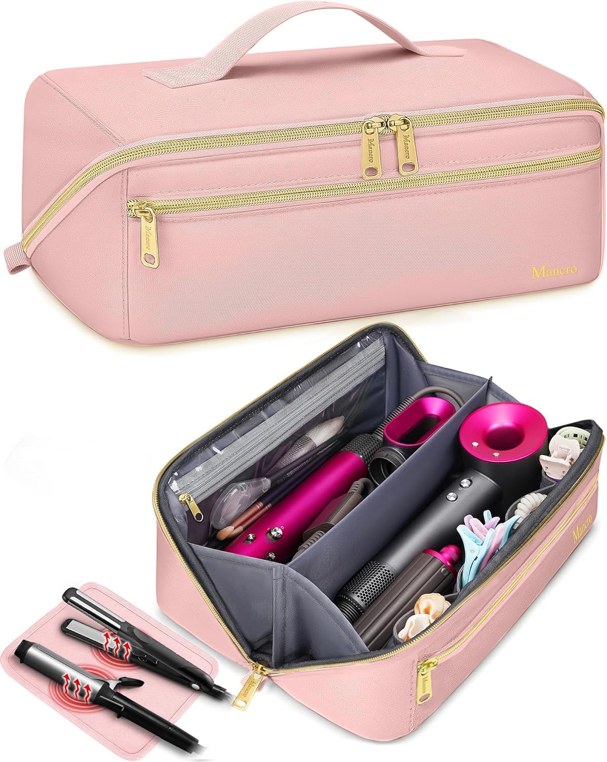Mancro Hot Hair Tools Travel Bag with Separate Heat Resistant Mat, Large Capacity Wide-open Pouch, Hair Accessories Organizer for Flat Irons, Straighteners, Curling Iron,Travel Essentials for Women