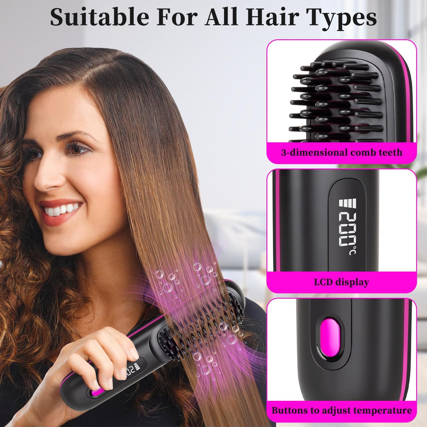 Go Brush Pro,2026 New Cordless Straight Hair Brush, Portable Scald-Proof mini Straight Hair Comb with Three Temperature Settings and LED Display Screen, Quickly Heating Travel Hair Brush (light black)