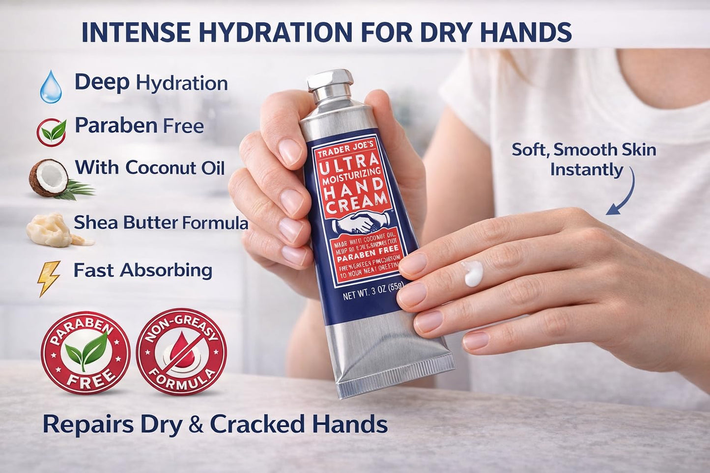 Trader Joe's Ultra Moisturizing Hand Cream with Coconut Oil, Hemp Seed Oil, 20% Shea Butter, Paraben Free, 3 Ounce