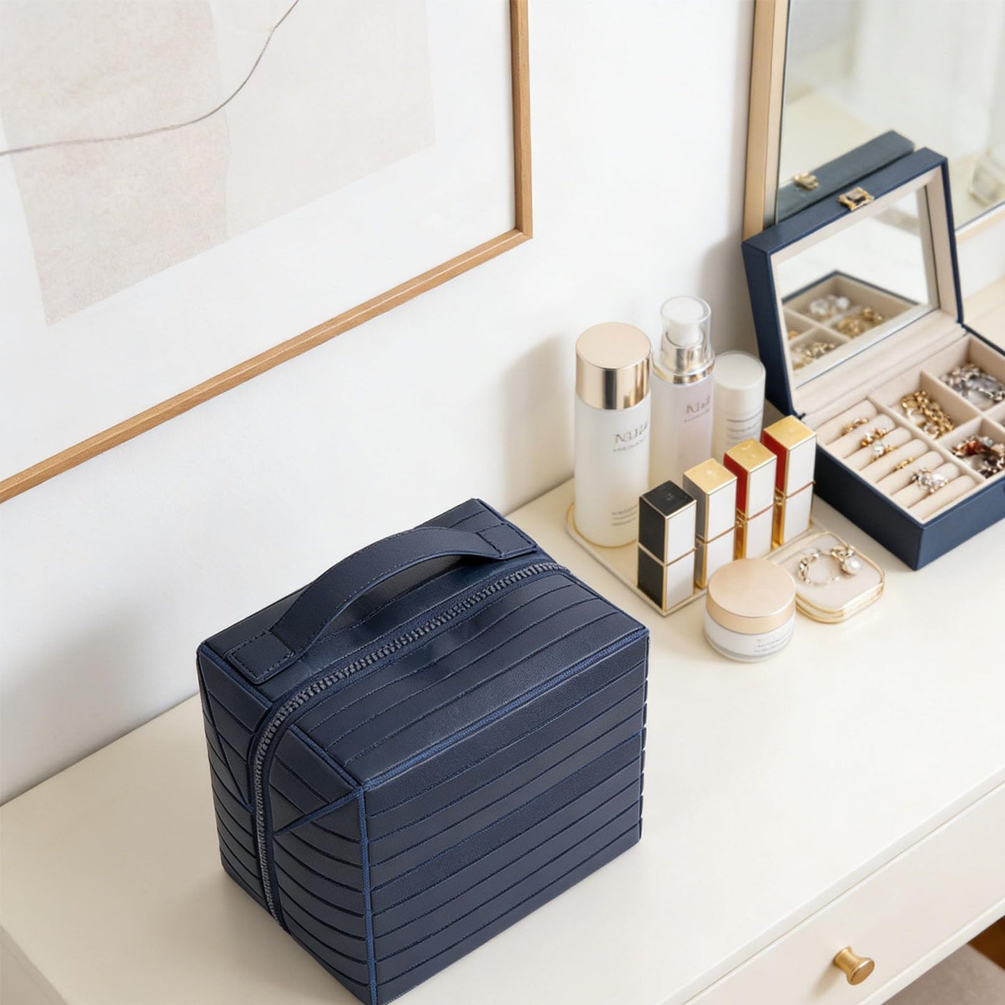 Yechiry Foldable Makeup Bag, Water Proof Makeup Organizer, Large Capacity Travel Size Toiletries with Zip Closure Instantly Lays Flat Cosmetic Case for Women Toiletries Organizer (Navy Blue)