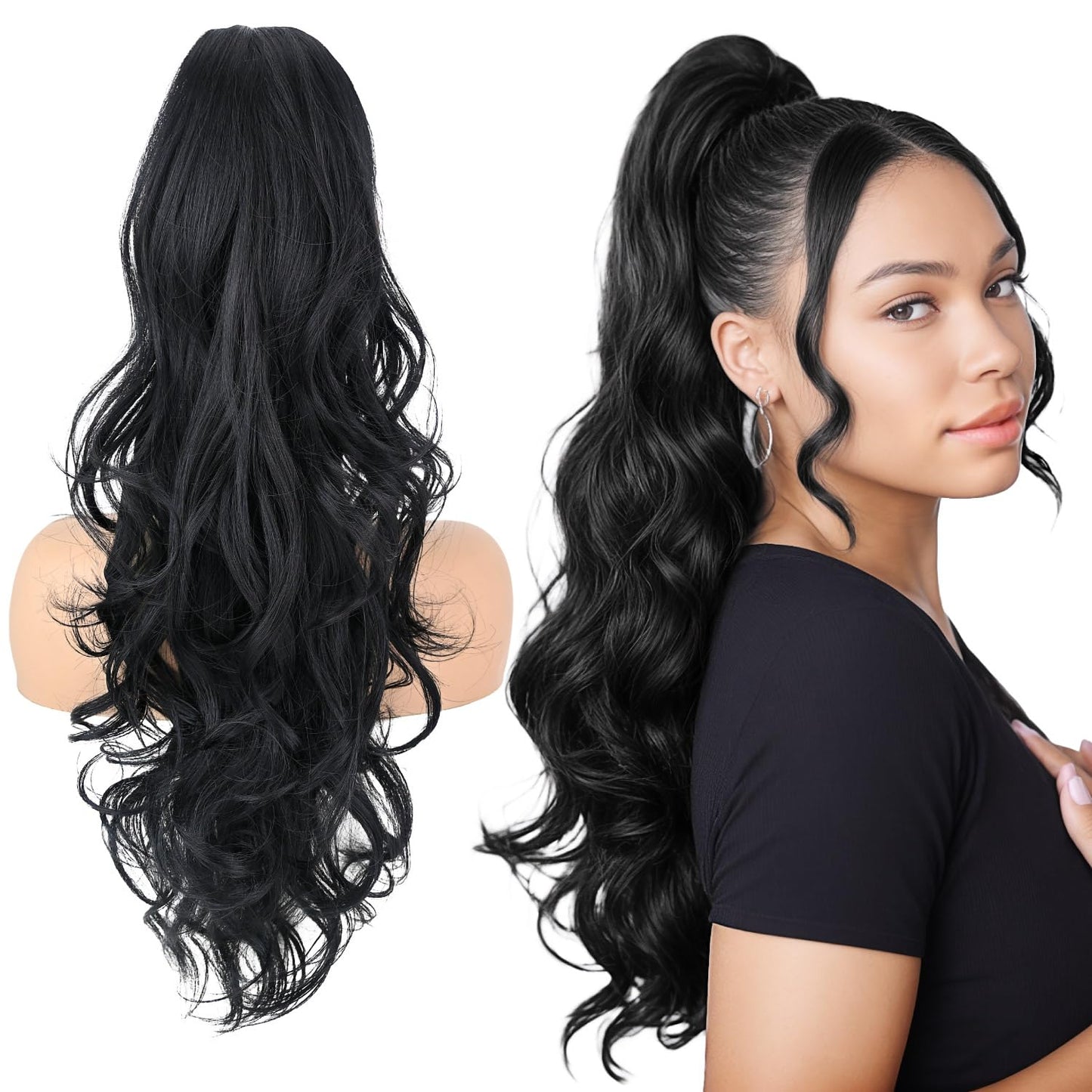 Ponytail Extension - 24" Claw Clip Synthetic Hairpiece | Long Curly Wavy Ponytail for Women - Black