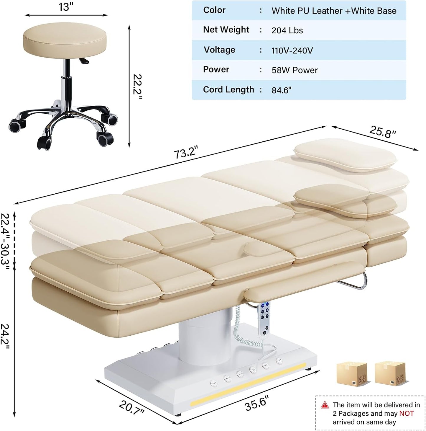 Electric Massage Table - 3 Motor Professional Spa Bed with Remote Control | Height Adjustable Facial Table (Champagne)