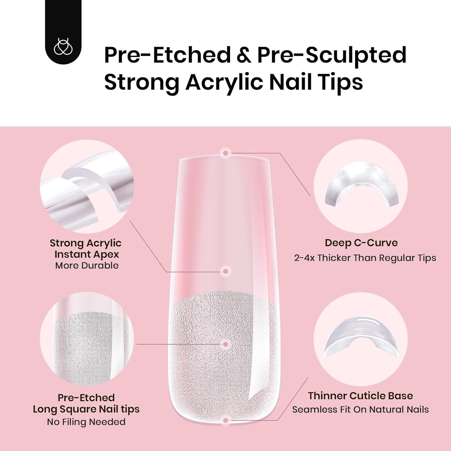 Beetles Instant Apex Nail Tips - Long Square Acrylic Tips | 512pcs, 16 Sizes (00–14) for DIY Salon Extensions