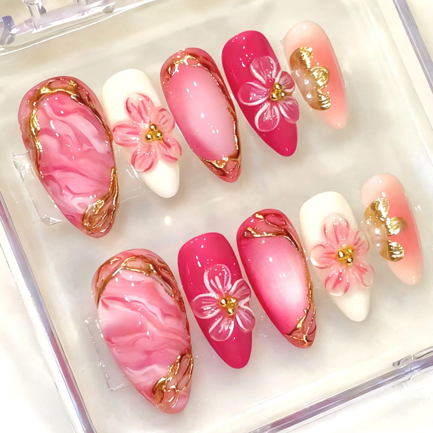 Press-On Nails - 24Pcs Medium Almond Fake Nails with Lotus & Lucky Koi Design | Glossy Full Cover for Spring/Summer DIY Manicure