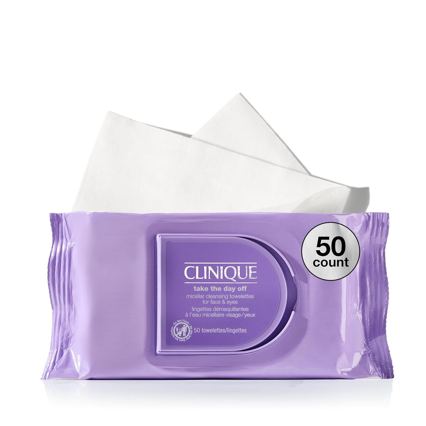 Clinique Micellar Cleansing Makeup Remover Wipes - No Water Needed, Perfect for Travel | 50 Count