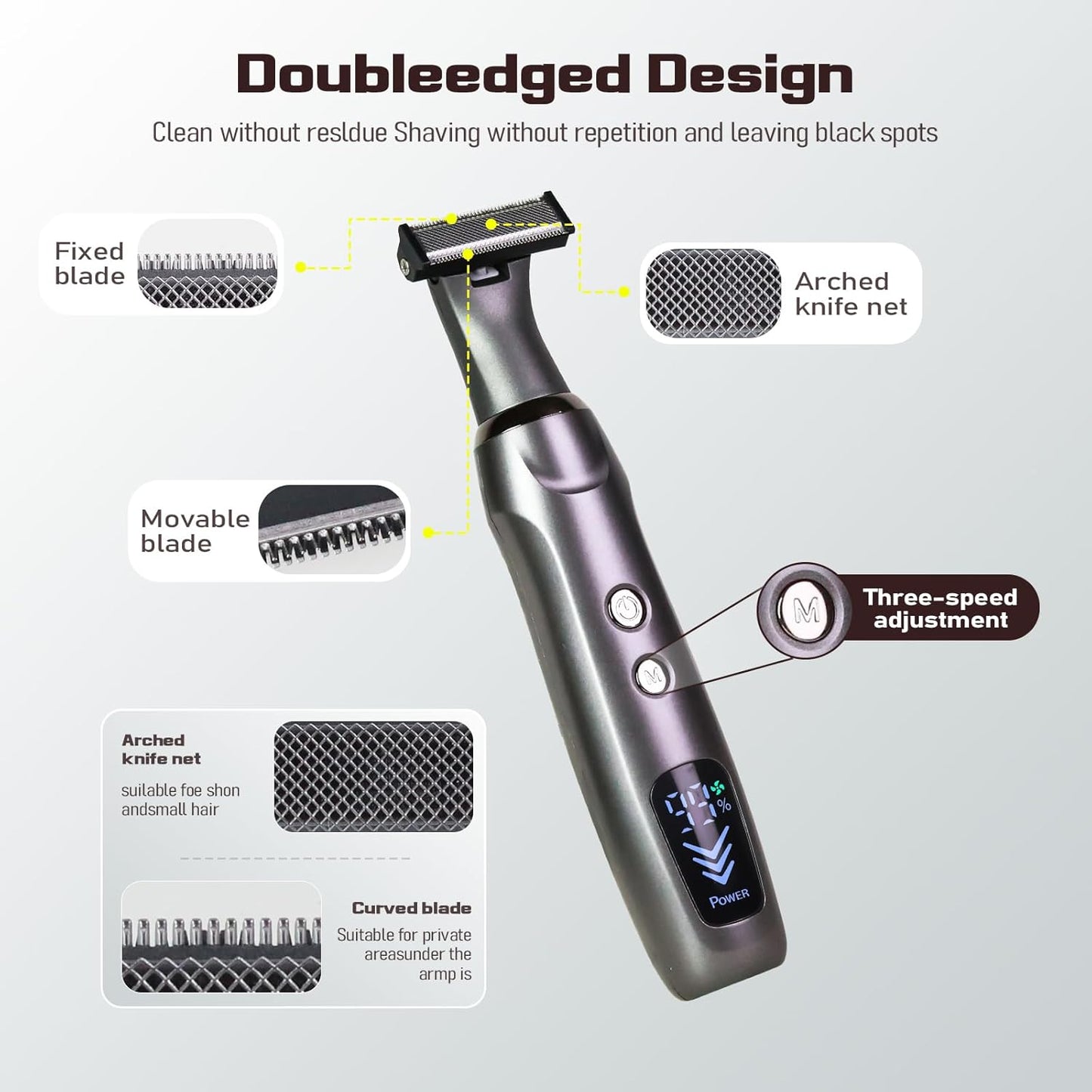 Men's Back Shaver - Rechargeable LED Display Trimmer | IPX7 Waterproof, Safety Lock, Ink Black