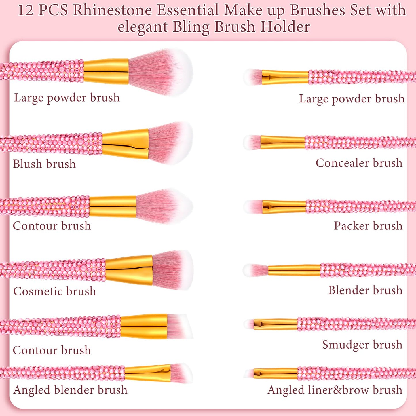 Rtteri 13 Pcs Rhinestone Pink Makeup Brushes Set Yellow Bling Crystal Professional Face Cosmetics Blending Liquid Foundation Powder Concealer Eye Shadows Make up Beauty Tool Glitter with Holder