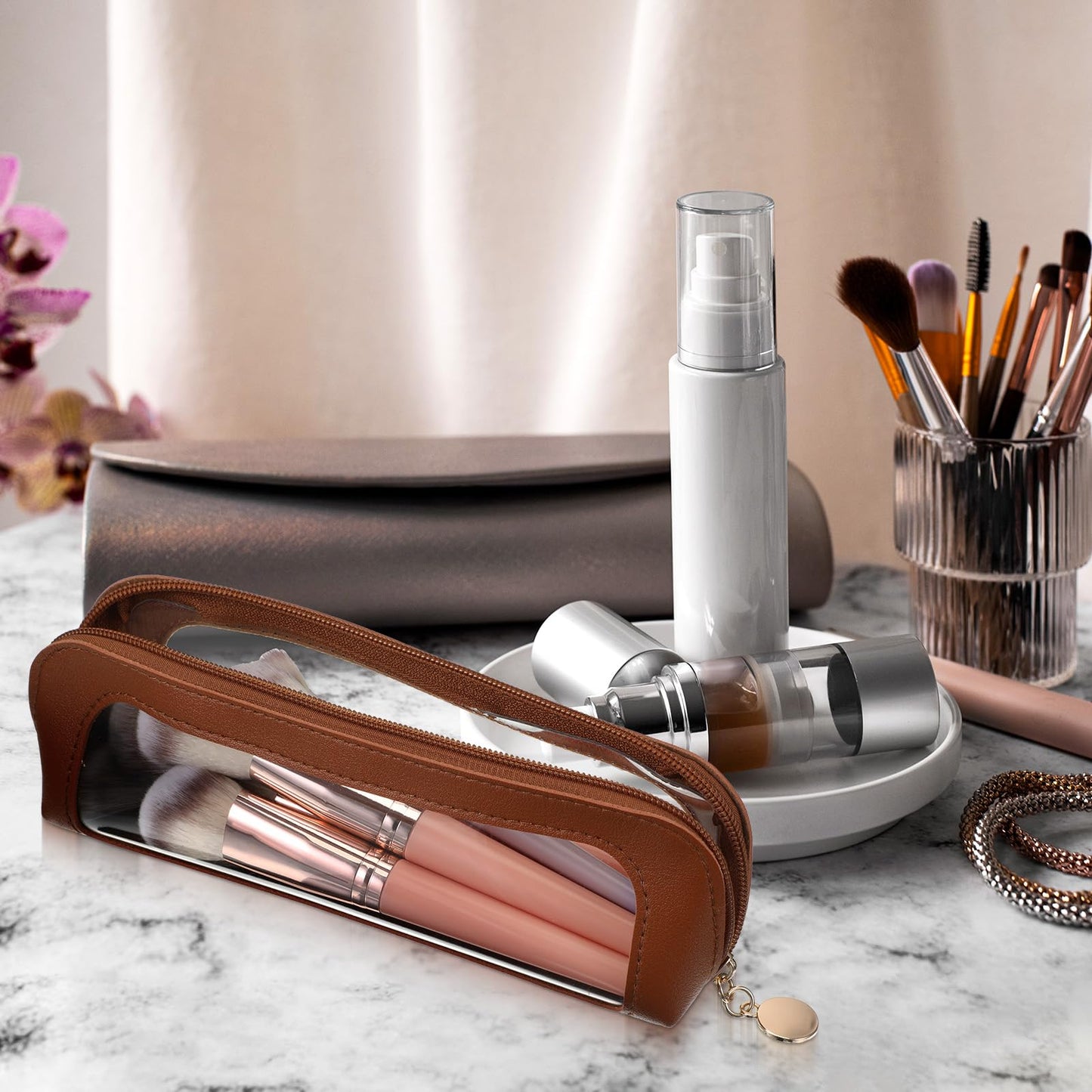YQQYG Brown Makeup Brush Bag, Clear Makeup Bag Travel Makeup Brush Holder Toiletry Bag with Zipper, Cosmetics Makeup Bag Purse Organizer for Women