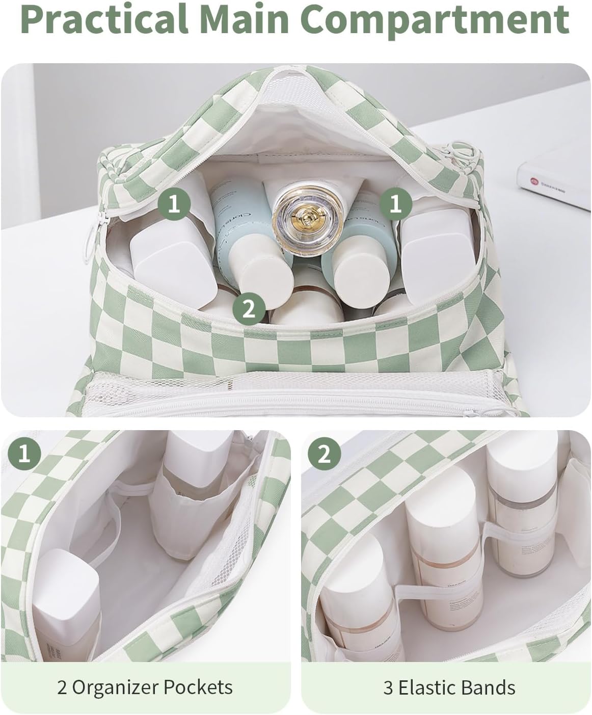 Narwey Small Hanging Travel Toiletry Bag - Checkered Makeup Organizer for Women | Mint Green Checkerboard