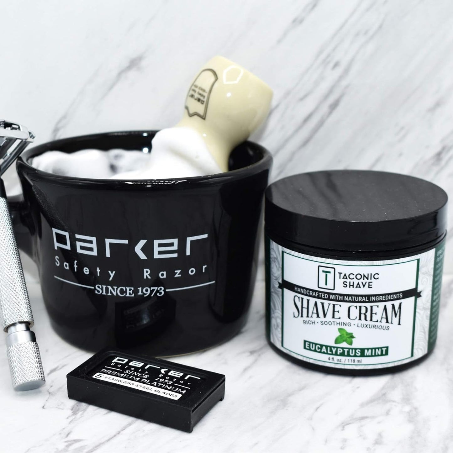 Parker Deluxe Stoneware Apothecary Shaving Mug – for use with up to 3” Shave Soaps and Lathering Shave Creams – Handmade in the USA (Black)