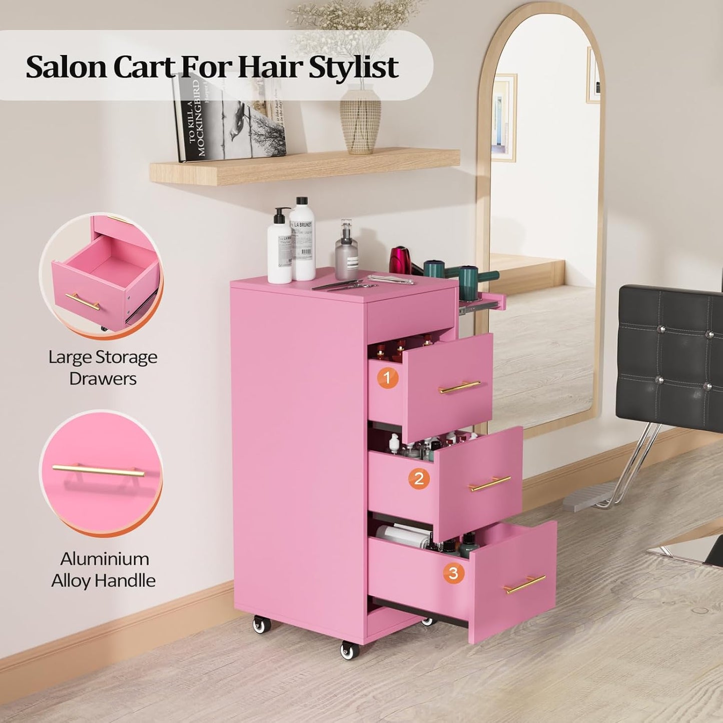 Salon Trolley Cart - 3-Drawer Rolling Hair Styling Station with Wheels | Mobile Beauty Trolley in Pink