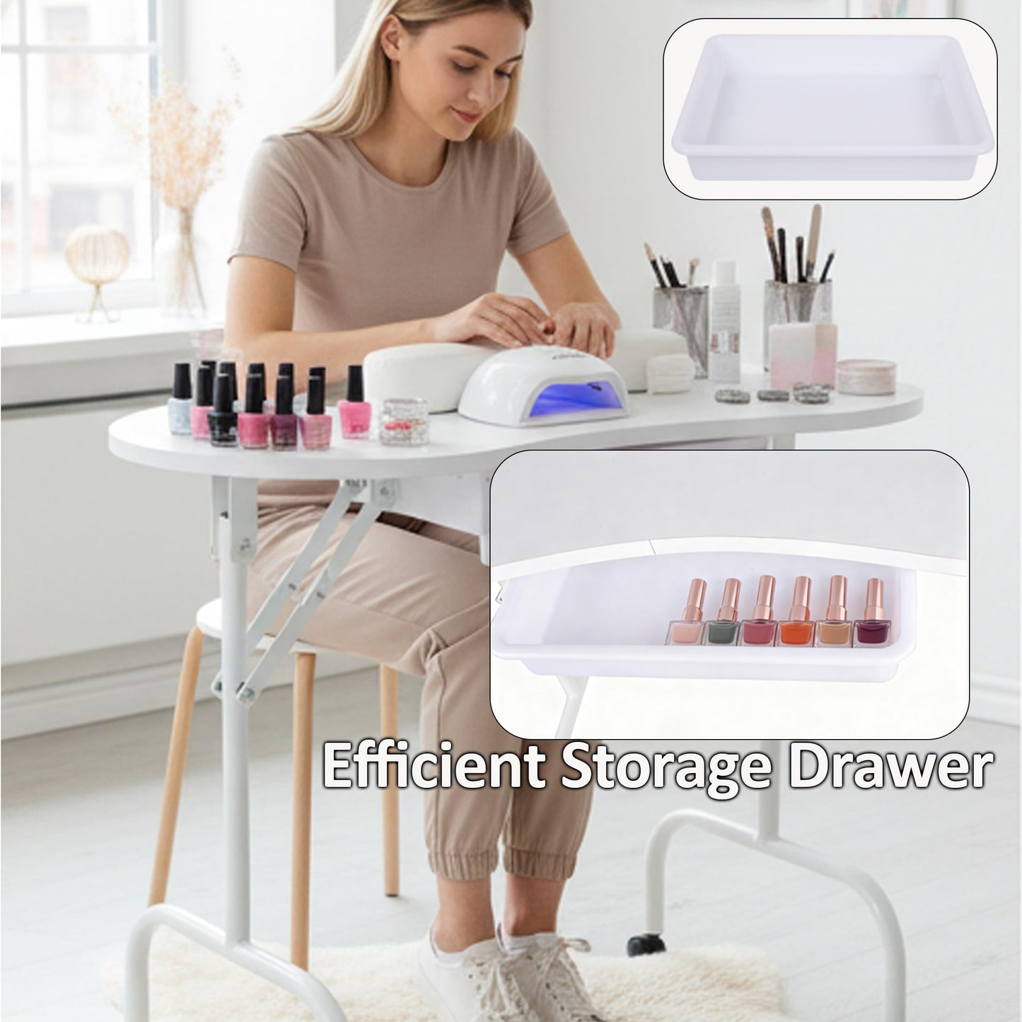 Mohzate Portable Manicure Nail Table Professional Rolling Nail Station with Drawer and Wrist Rest Foldable Nail Tech Desk with Wheels and Carry Bag for for Salon, Studio and Home Use