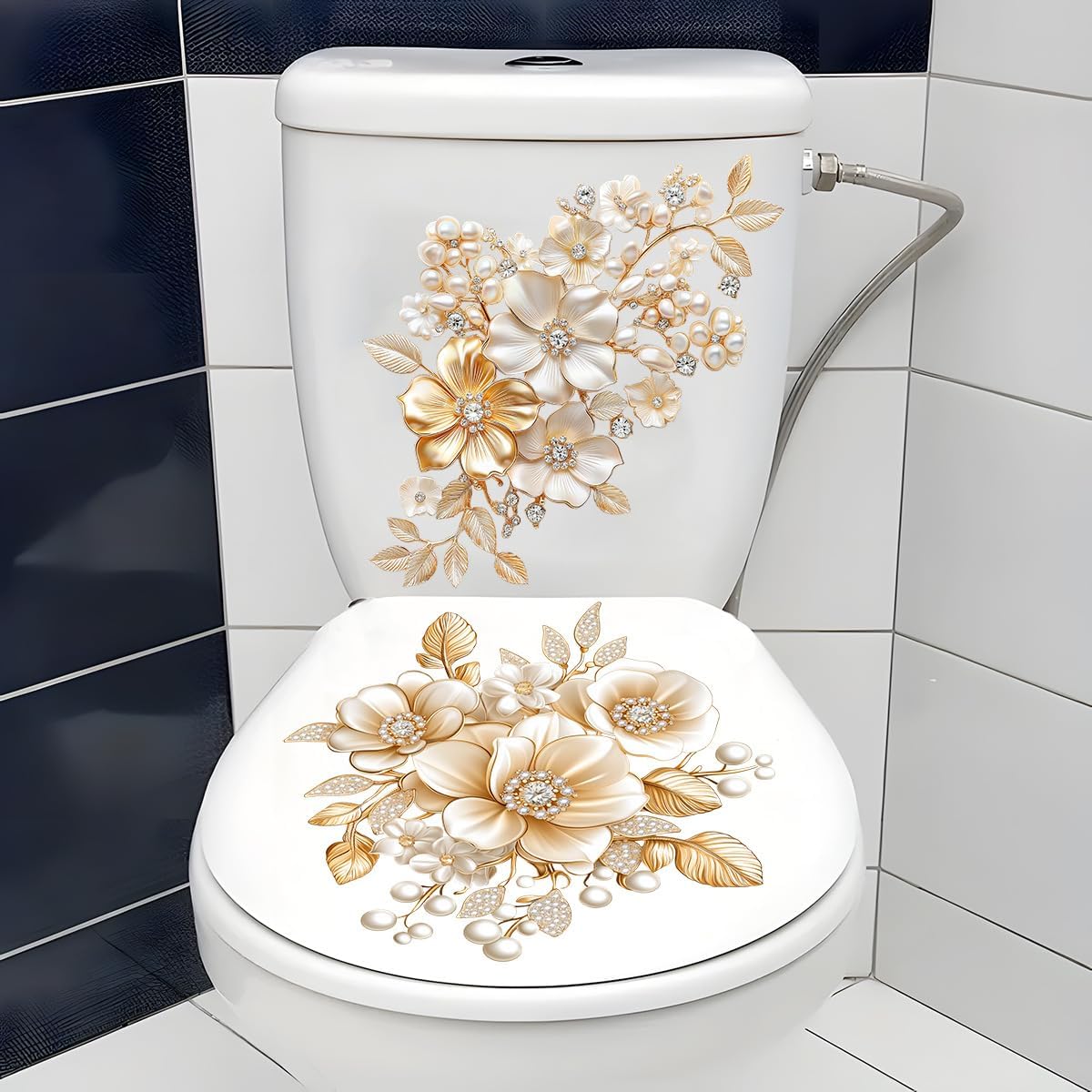Golden Peony Flowers Toilet Cover Sticker Decals - Self-Adhesive Bathroom Wall Decor | Easy to Apply