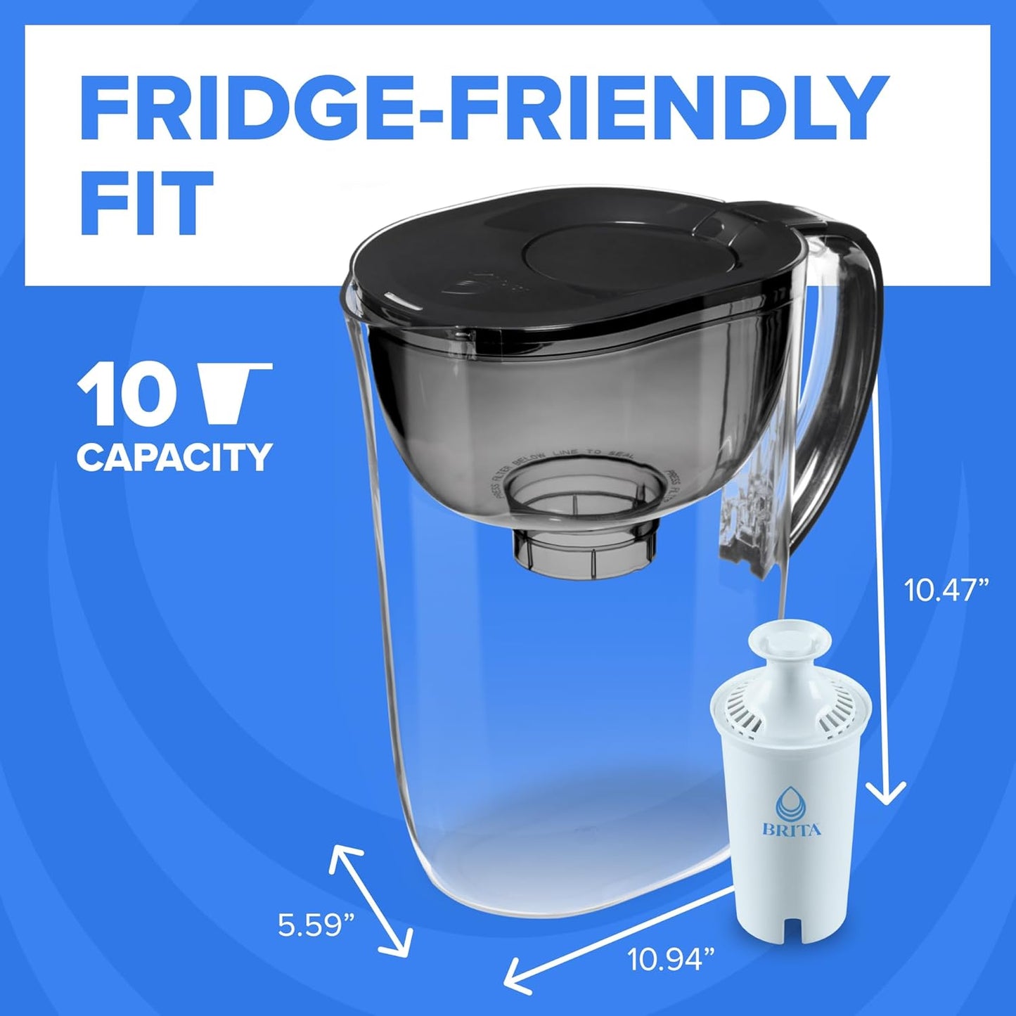Brita Large 10-Cup Water Filter Pitcher - Reduces Chlorine Taste & Odor | Black