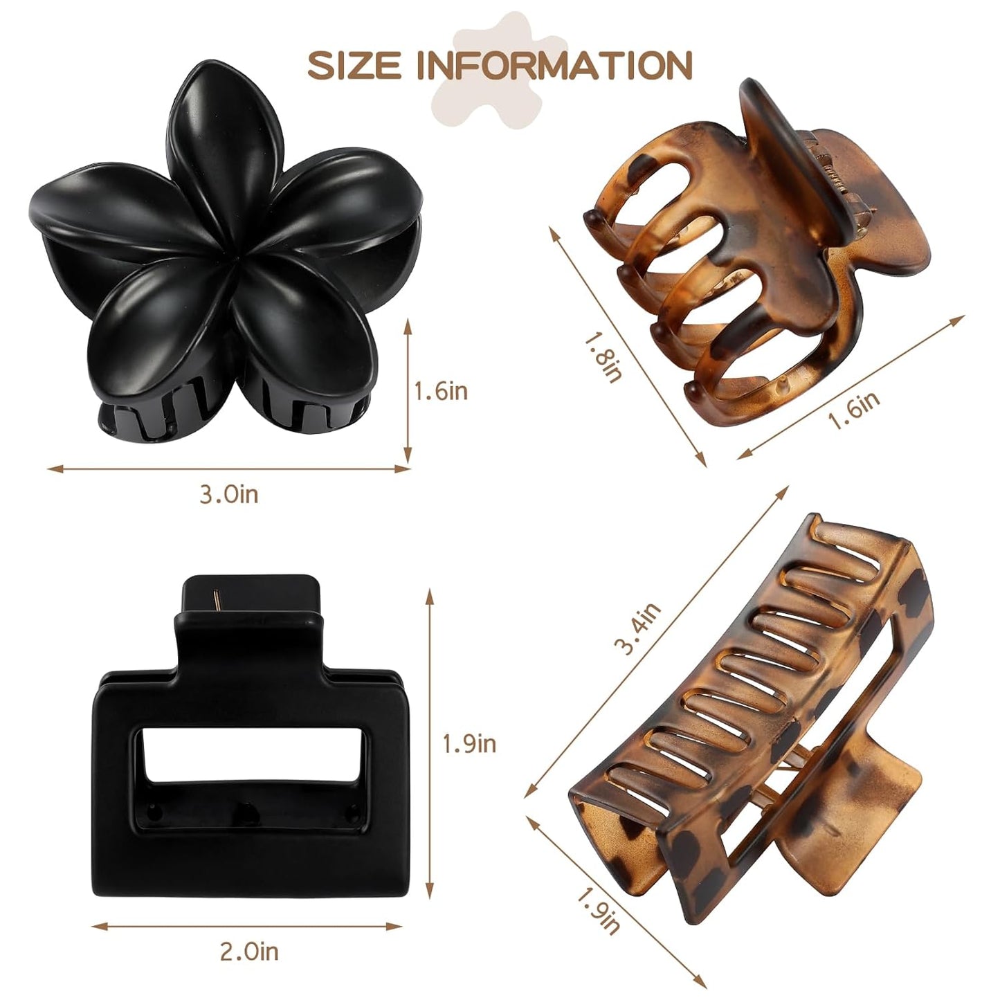 Matte Hair Clips for Women - 8 Pcs Strong Hold Non-Slip Claw Clips | Flower & Rectangle Styles in Deep Leopard