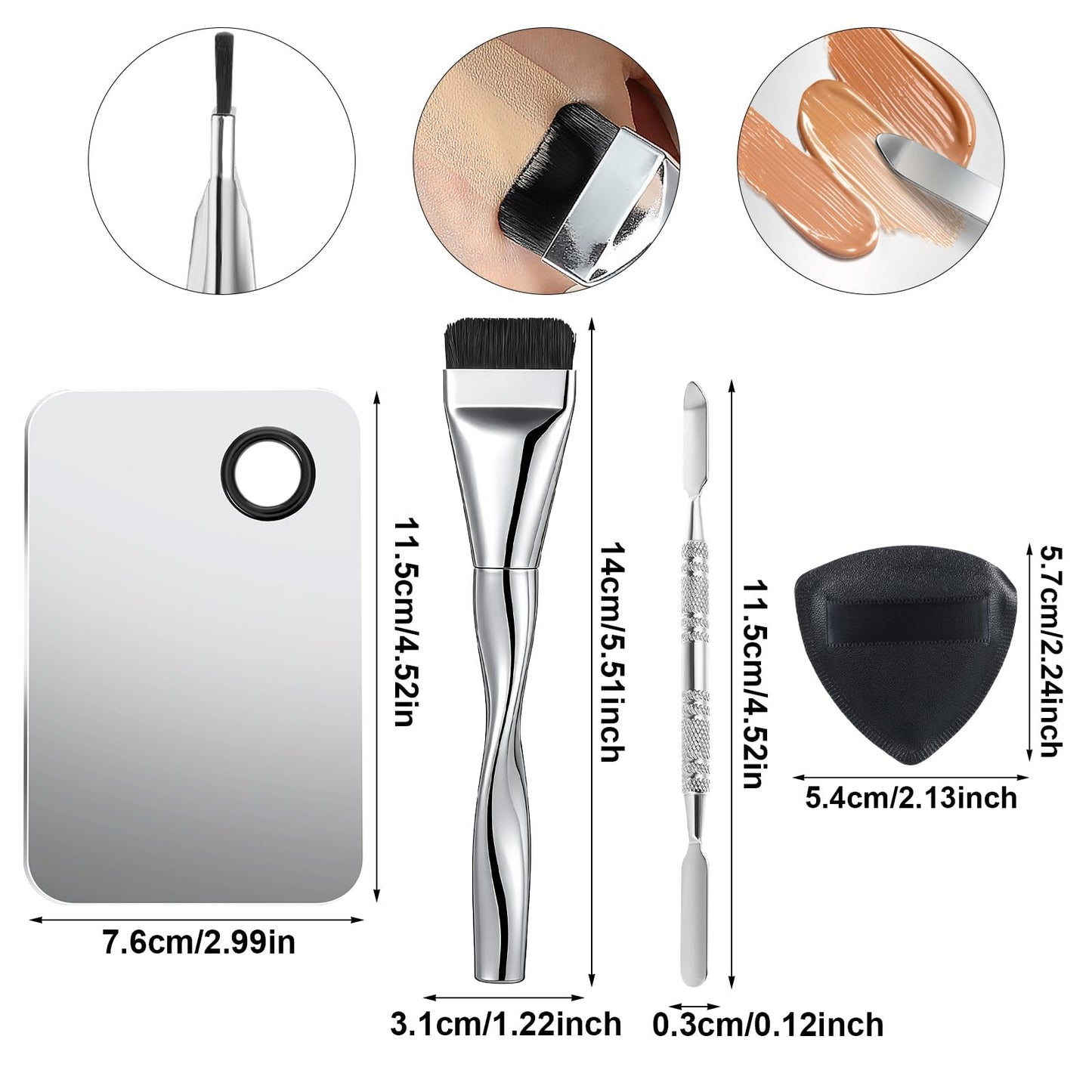 Matwsec 4 Pcs Makeup Mixing Palette with Flat Foundation Brush Dual-Head Make Up Spatula Triangle Powder Puffs, Foundation Palette for Women Girl Korean Facial Cosmetic, Nail Art, Pigment Blending