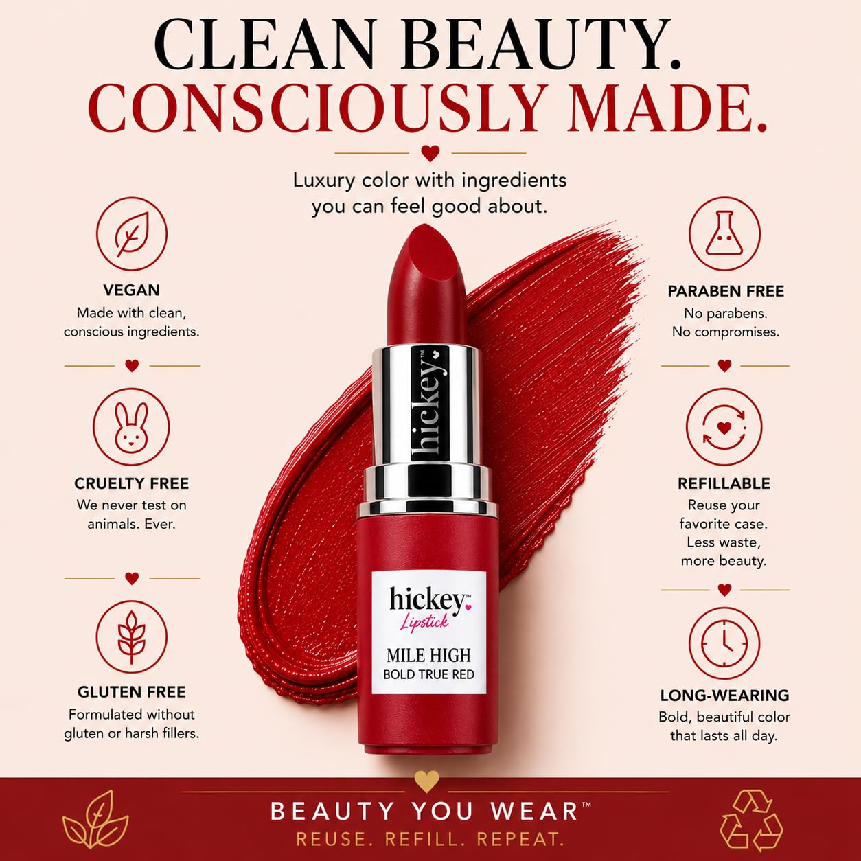 Hickey Lipstick Mile High Organic Perfect Red Lipstick Refill - Long Lasting Lipstick for Women - Hydrating & Moisturizing Shade, Best Lip Color for Women, Gluten-Free & Vegan with Highly Pigmented