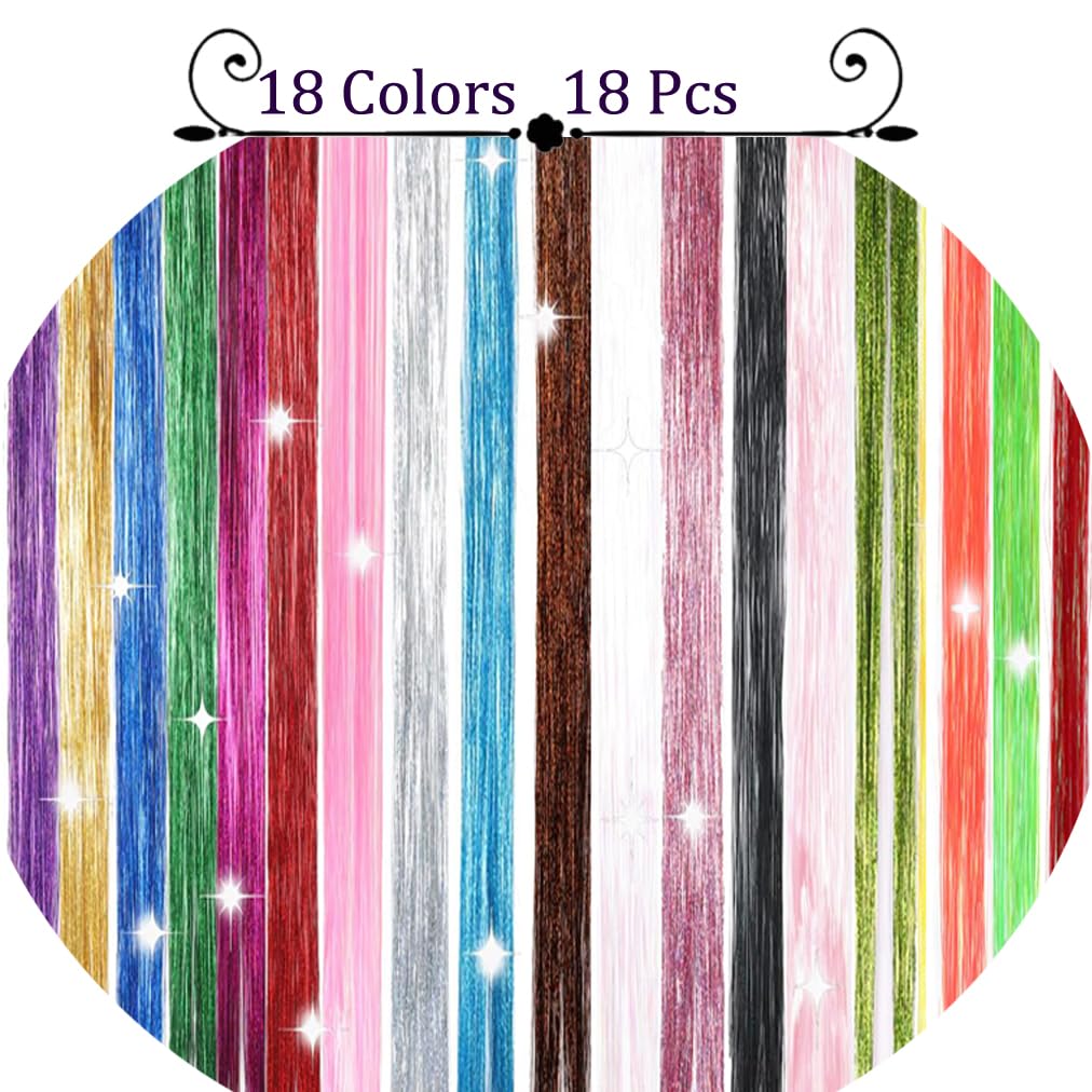Hair Tinsel Kit With Tools 18 Colors 48 Inch 3600 Strands Fairy Tinsel Hair Extensions Glitter Hair Tinsel Christmas Party Festival Hair Accessories for Women Girls(48 Inch,18 Colors)