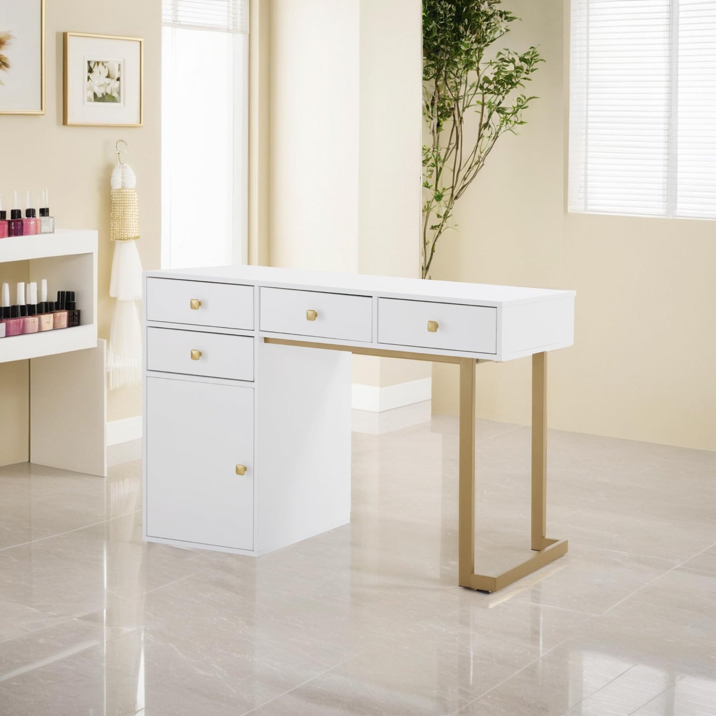 BarberPub Beauty Manicure Table with Storage Drawers, Nail Salon Desk for Nail Tech, Makeup Station with Round Handles, Beauty Equipment with Display Open Space 2990 (White&Golden)