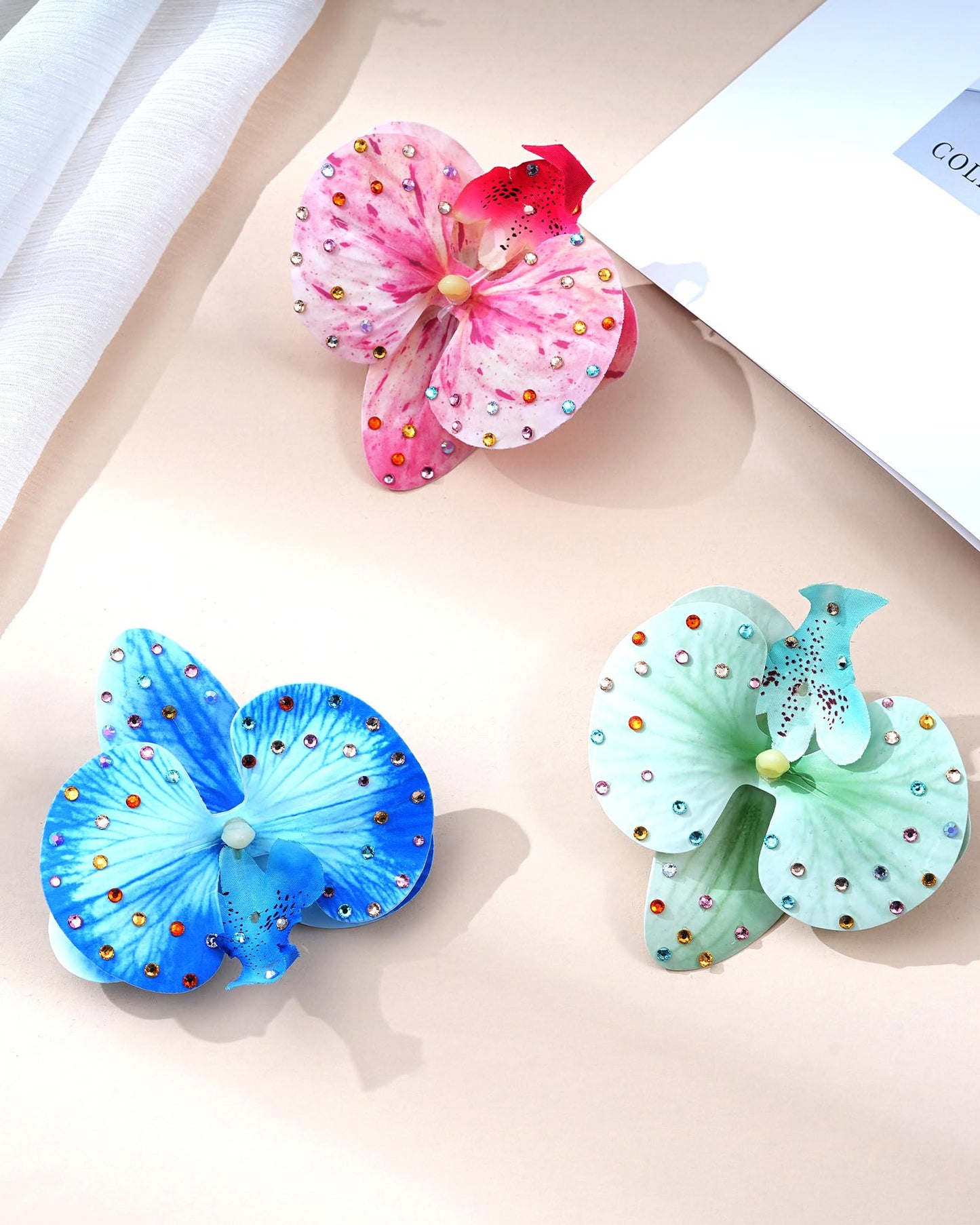 Mesovor 3 Pack Hawaiian Flower Hair Clips, Artificial Tropical Flower Orchid Hair Pin | Rhinestone Hairpins Hair Accessories for Wedding Bridal Beach Party (Blue Moth Orchid)