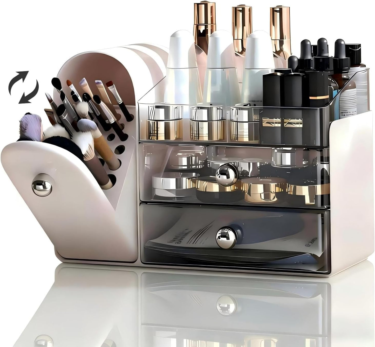 Makeup Organizer for Vanity - Large White Storage with Covered Brush Holder & Drawer | Bathroom & Skin Care Organizer