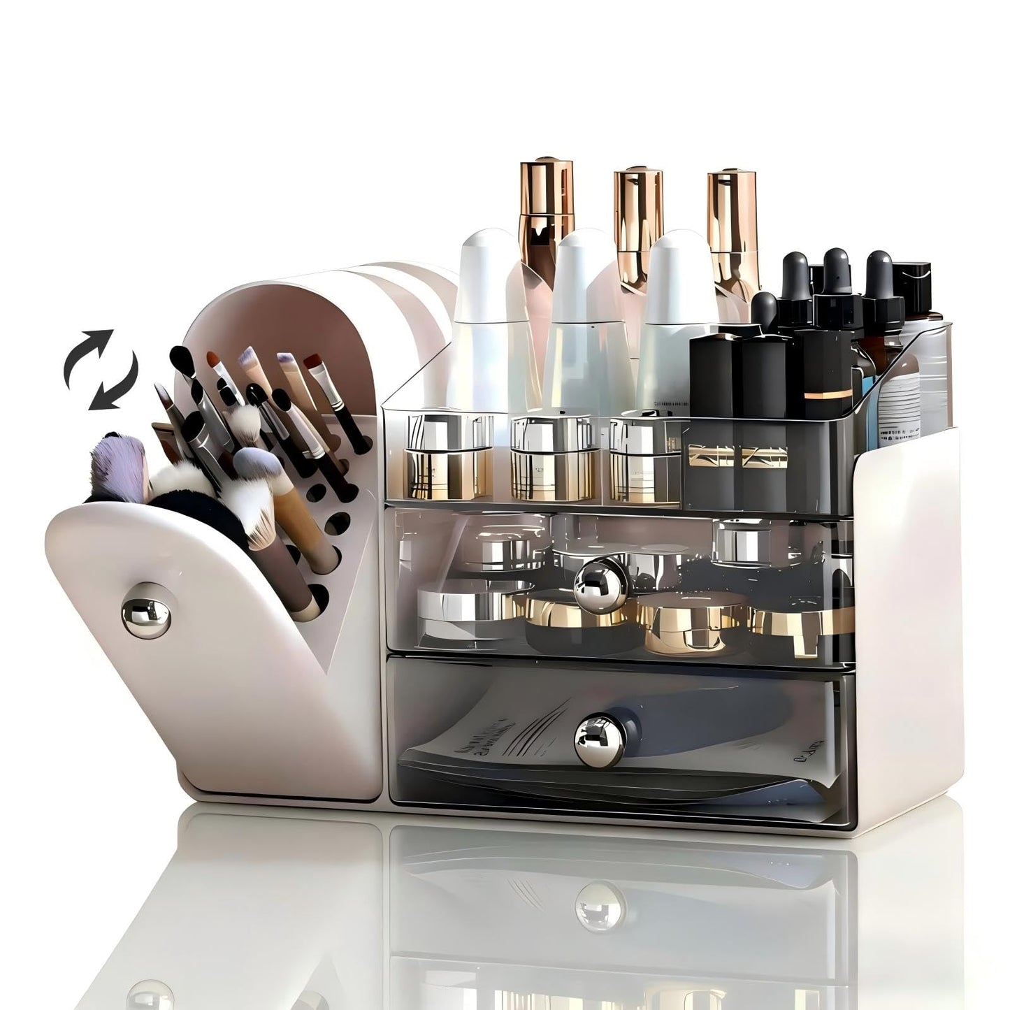 RONGZHIERK Makeup Organizer for Vanity with Covered Brush Holder，Bathroom Organizers with Drawer，Skin Care Organizer，Makeup Organizers for Vanity with Drawer，Large Makeup Storage for Dresser, White